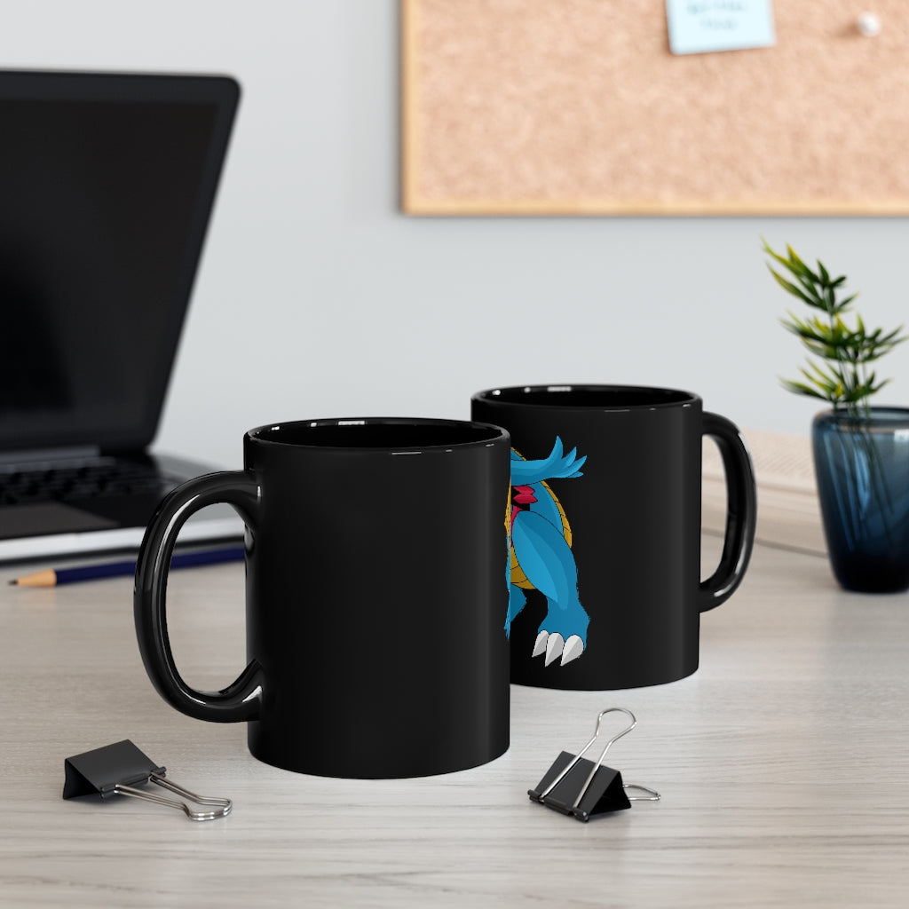 A sleek 11oz black ceramic mug with rounded corners and a C-handle, perfect for personalized designs.