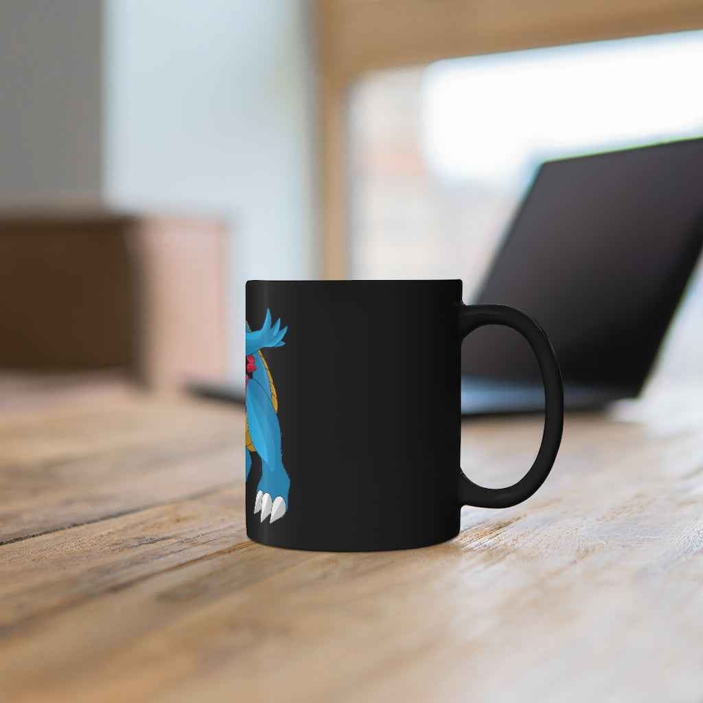 A sleek 11oz black ceramic mug with rounded corners and a C-handle, perfect for personalized designs.