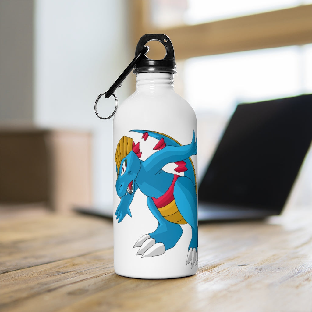 Blastdile Stainless Steel Water Bottle with plastic screw top and carabiner, showcasing its sleek design and vibrant print.