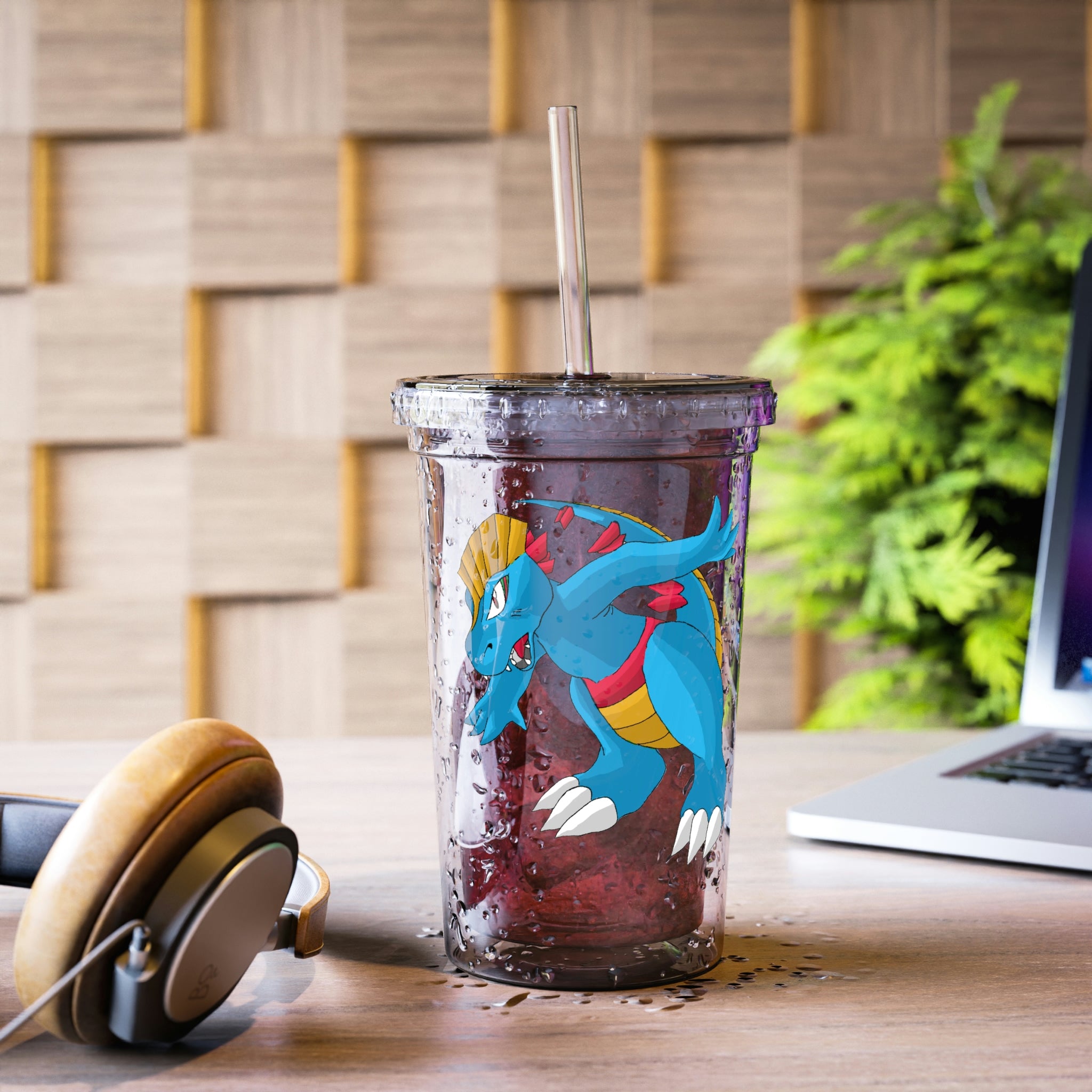 Blastdile Suave Acrylic Cup in stainless steel with a black plastic screw-on cap and a straw, showcasing a sleek design.