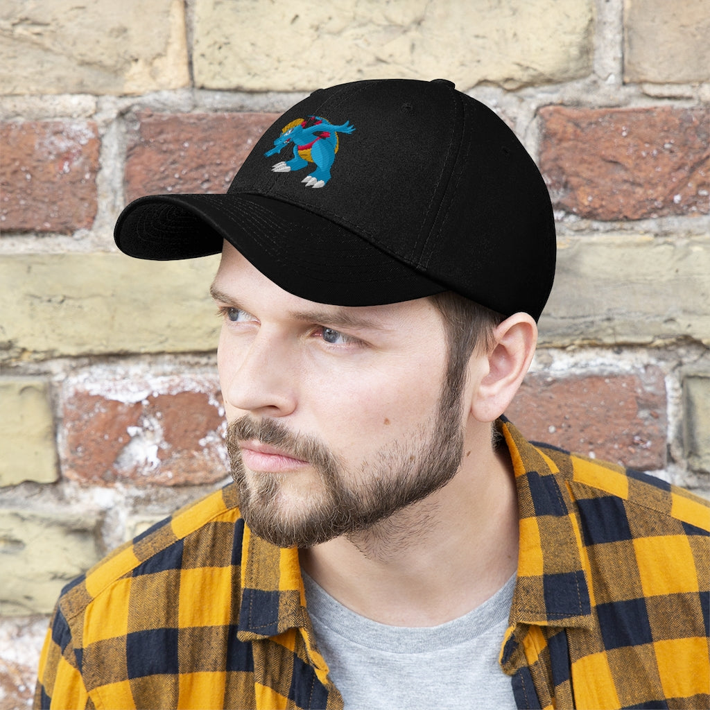 Blastdile Unisex Twill Hat in cotton twill, featuring a classic 6-panel design and adjustable Velcro closure, perfect for outdoor activities.