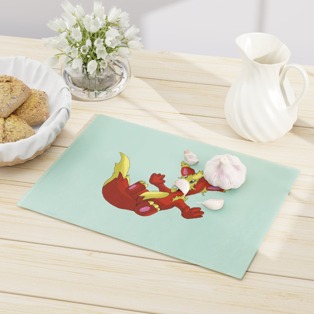 Blazeon Cutting Board made of tempered glass with personalized design options and rubber dots for stability.