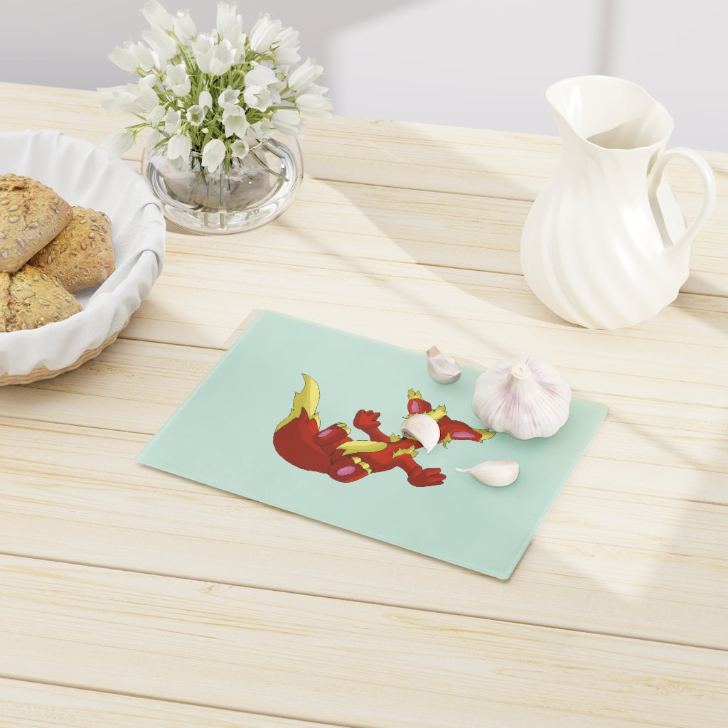 Blazeon Cutting Board made of tempered glass with personalized design options and rubber dots for stability.