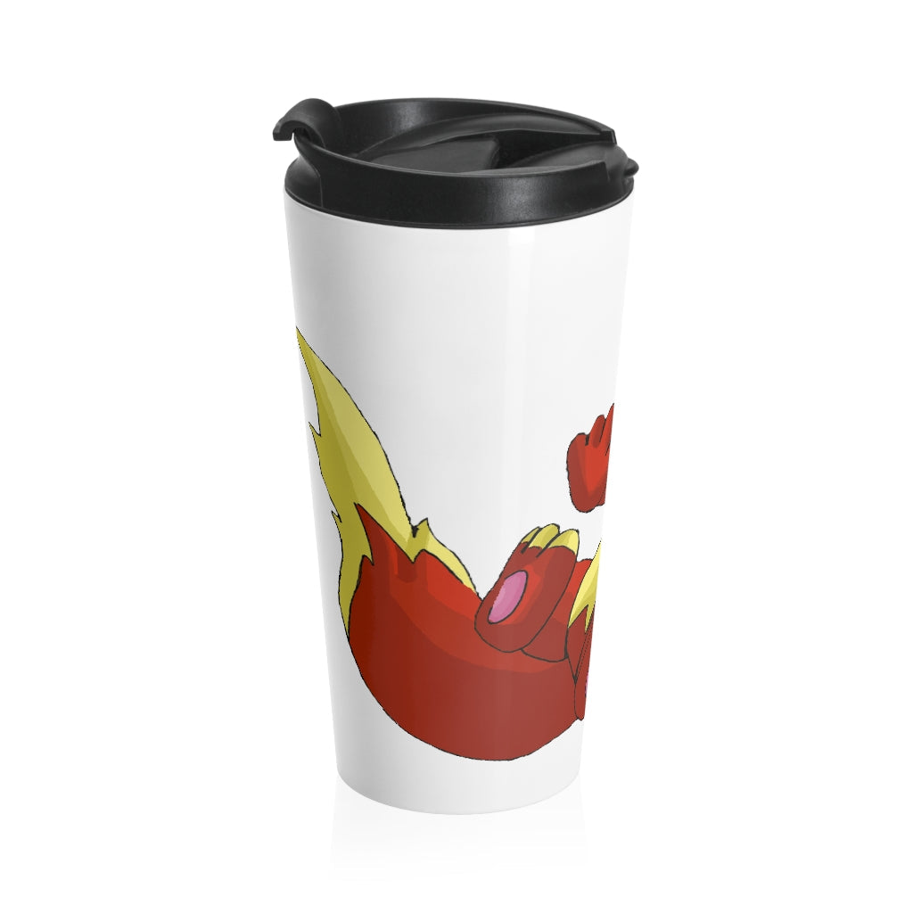 Blazeon Stainless Steel Travel Mug with black lid, showcasing a sleek design and vibrant sublimation print.