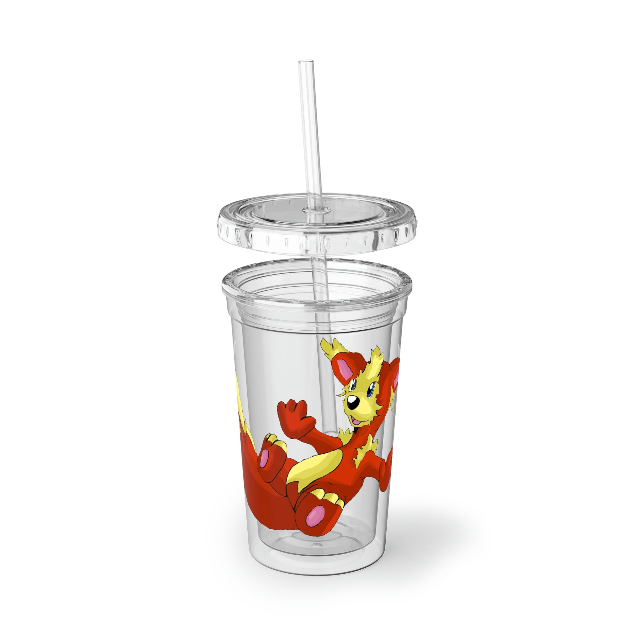 Blazeon Suave Acrylic Cup with double-wall insulation, featuring a vibrant custom design, plastic lid, and straw.