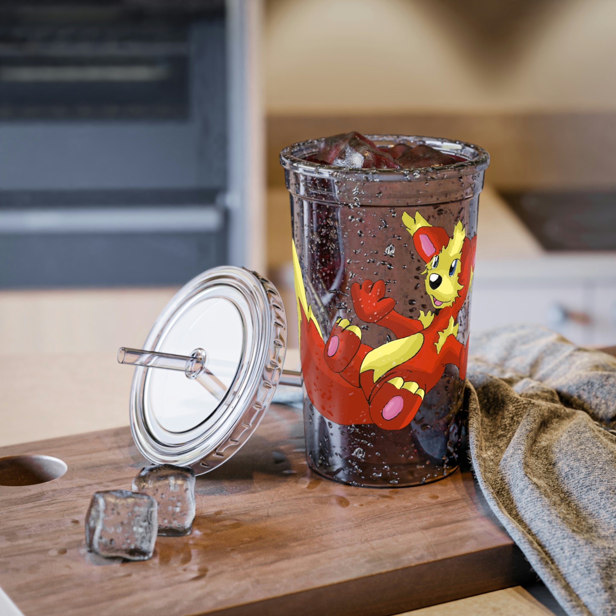 Blazeon Suave Acrylic Cup with double-wall insulation, featuring a vibrant custom design, plastic lid, and straw.