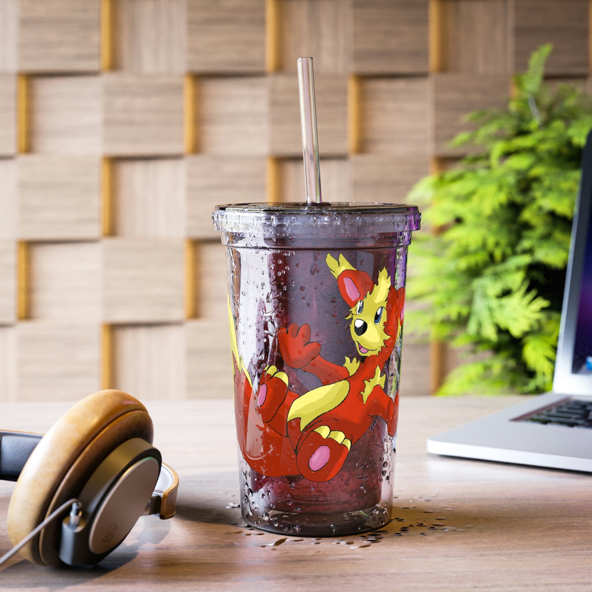 Blazeon Suave Acrylic Cup with double-wall insulation, featuring a vibrant custom design, plastic lid, and straw.