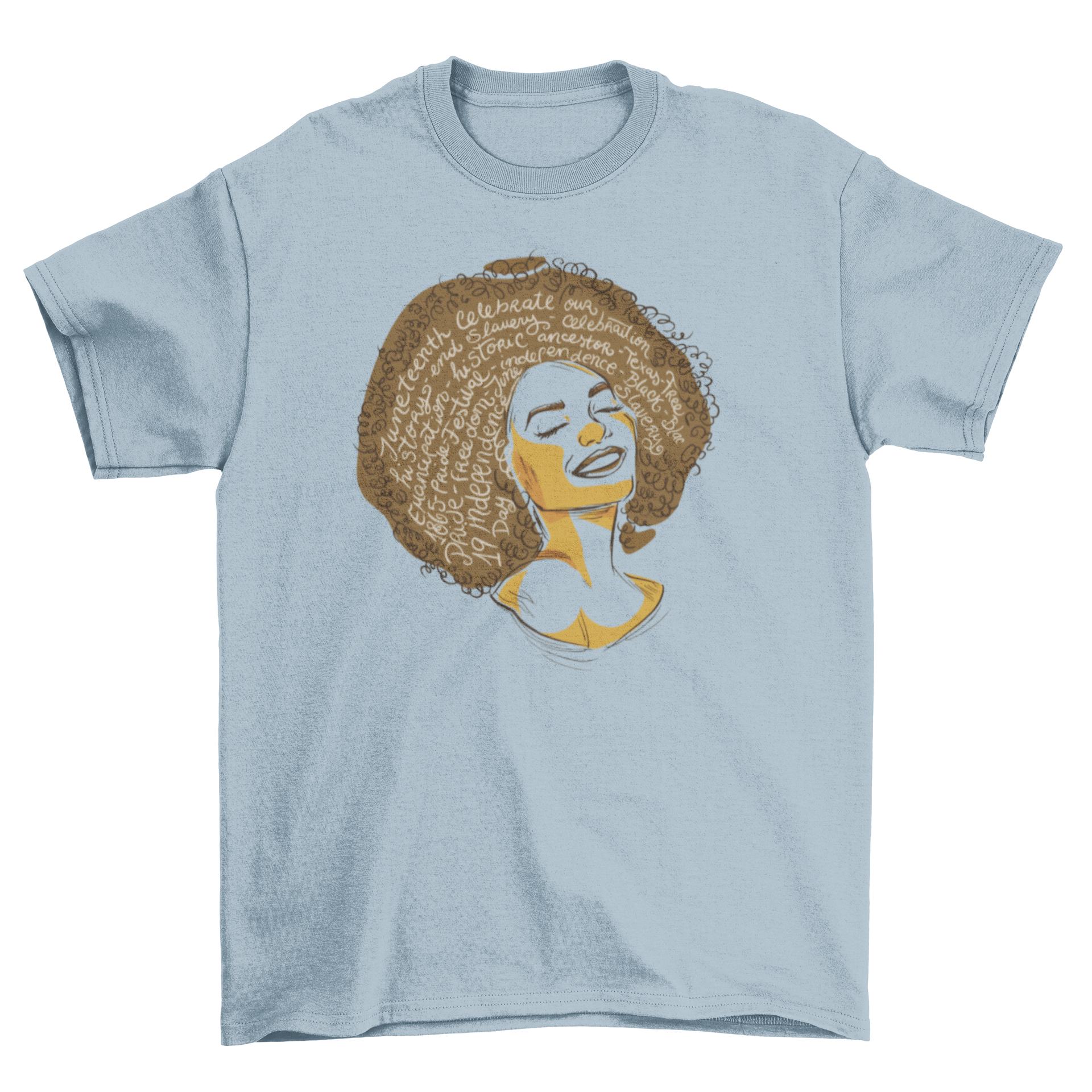 A stylish t-shirt featuring a black woman illustration and inspiring quotes for Black History Month celebration.