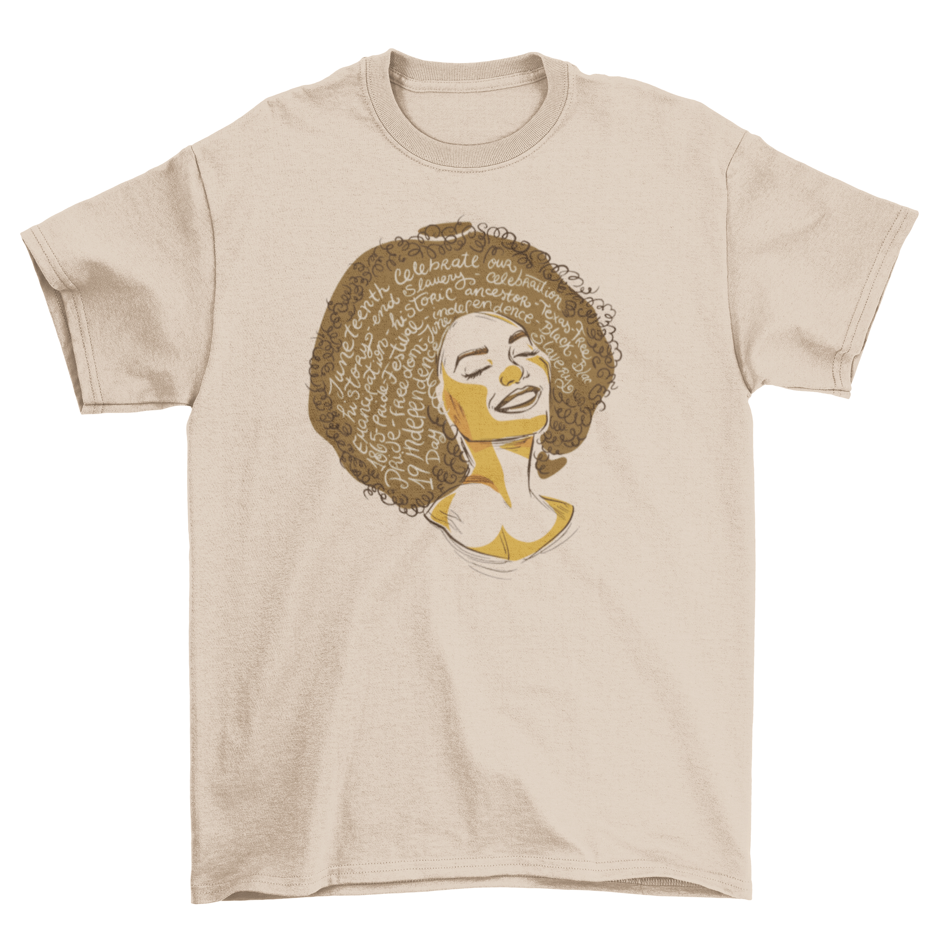 A stylish t-shirt featuring a black woman illustration and inspiring quotes for Black History Month celebration.