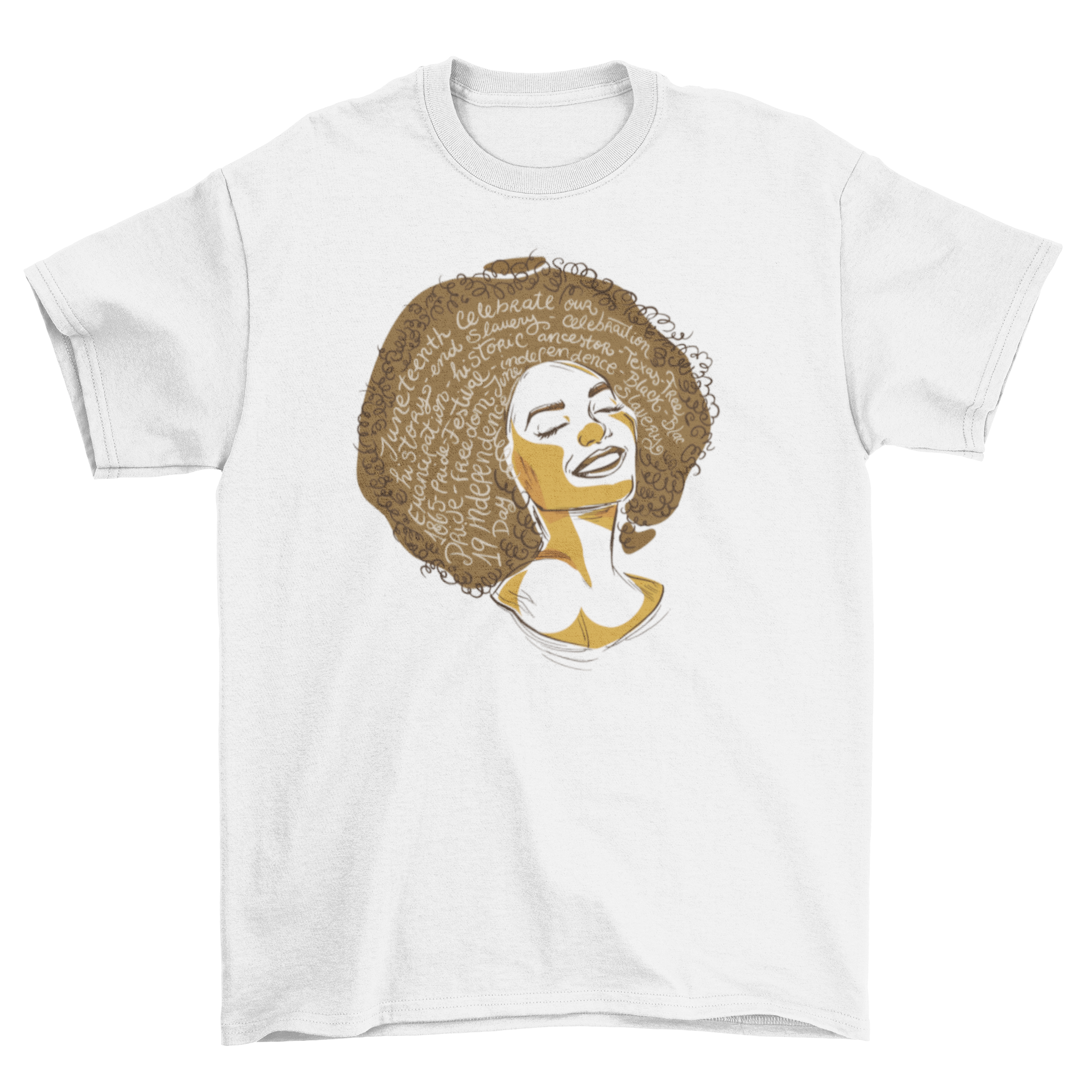 A stylish t-shirt featuring a black woman illustration and inspiring quotes for Black History Month celebration.