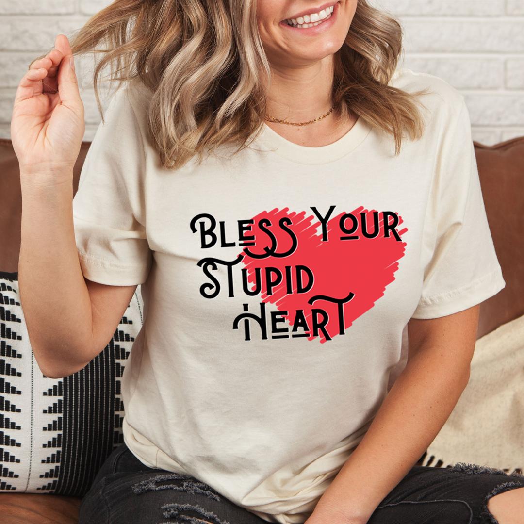 A comfortable and stylish Bless Your Stupid Heart T-Shirt made from soft ring-spun cotton, featuring double stitching for durability.