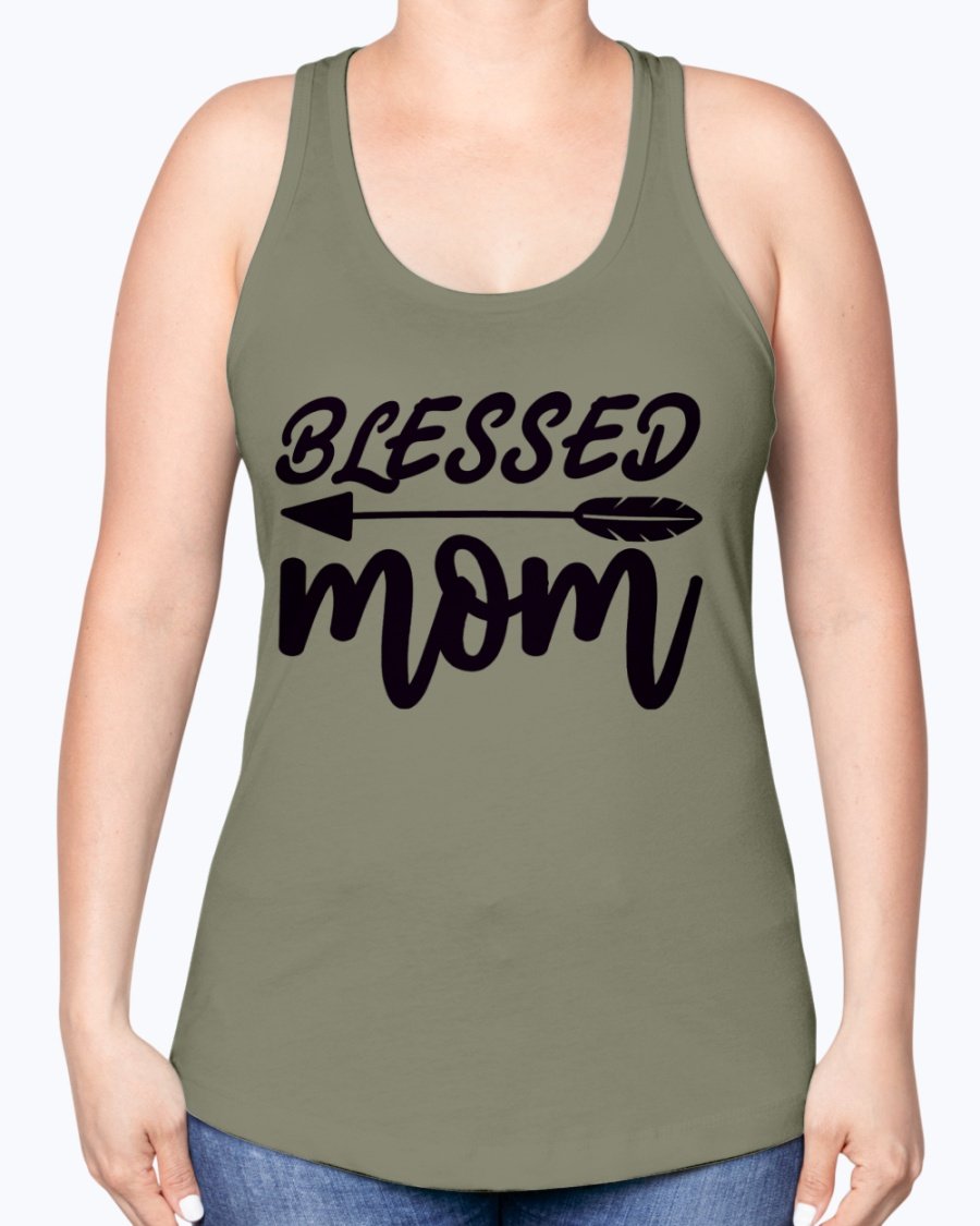 Blessed Mom Racerback Tank in a stylish design, showcasing a comfortable fit and soft fabric blend, perfect for casual wear and workouts.