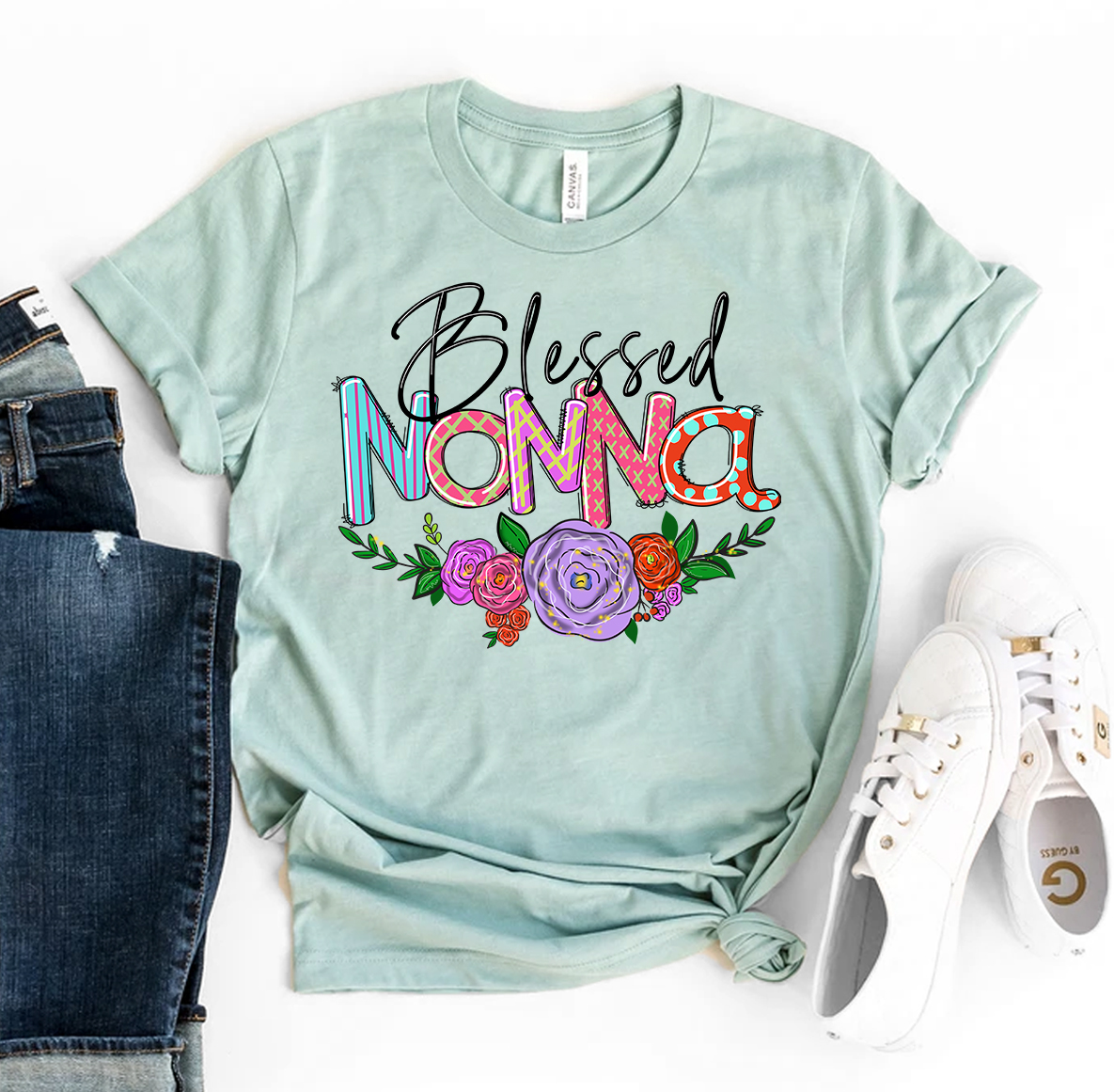 Blessed Nonna T-shirt made from premium ring spun cotton, featuring a vibrant flex print design.