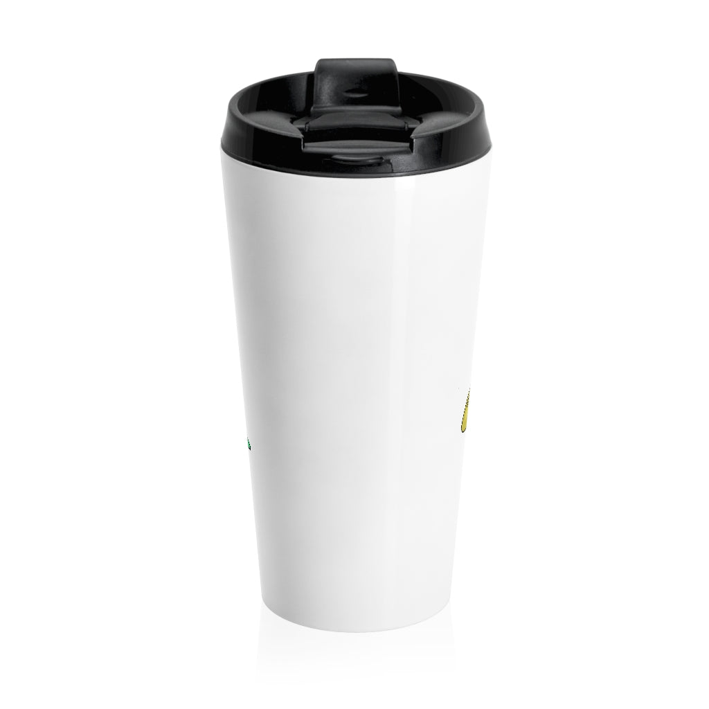 Bliblax Stainless Steel Travel Mug with black plastic lid, showcasing a sleek design and vibrant sublimation print.