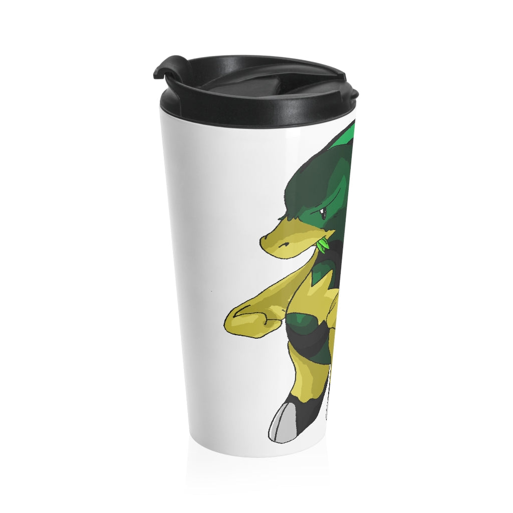 Bliblax Stainless Steel Travel Mug with black plastic lid, showcasing a sleek design and vibrant sublimation print.