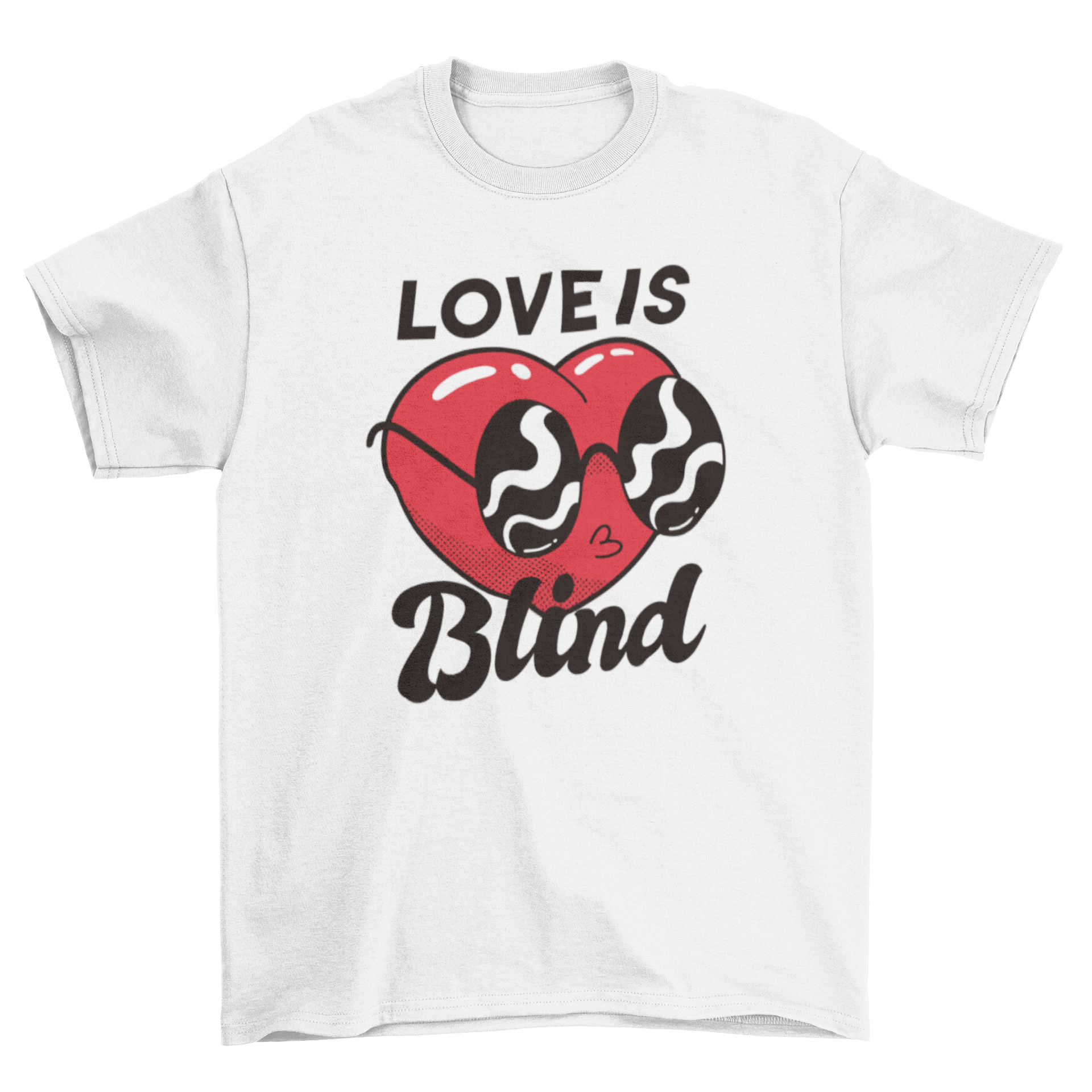 Blind Heart T-Shirt featuring a heart wearing glasses with the caption 'Love is blind', showcasing a playful and unique design.