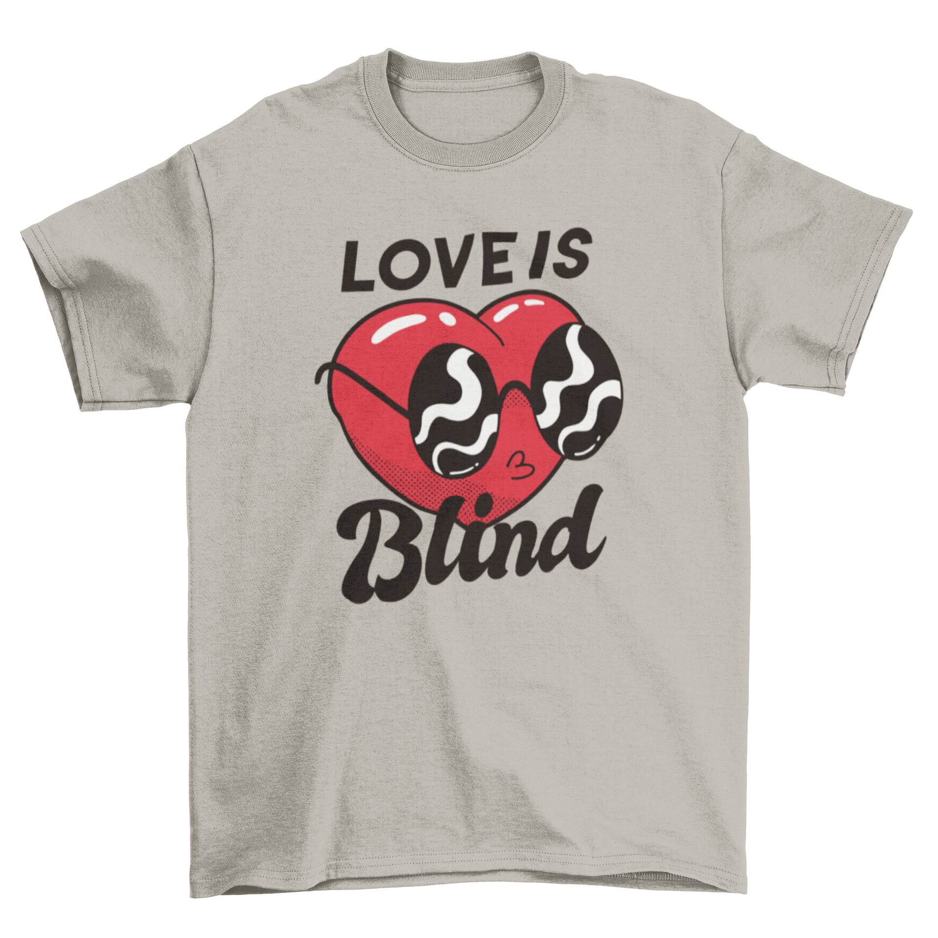 Blind Heart T-Shirt featuring a heart wearing glasses with the caption 'Love is blind', showcasing a playful and unique design.