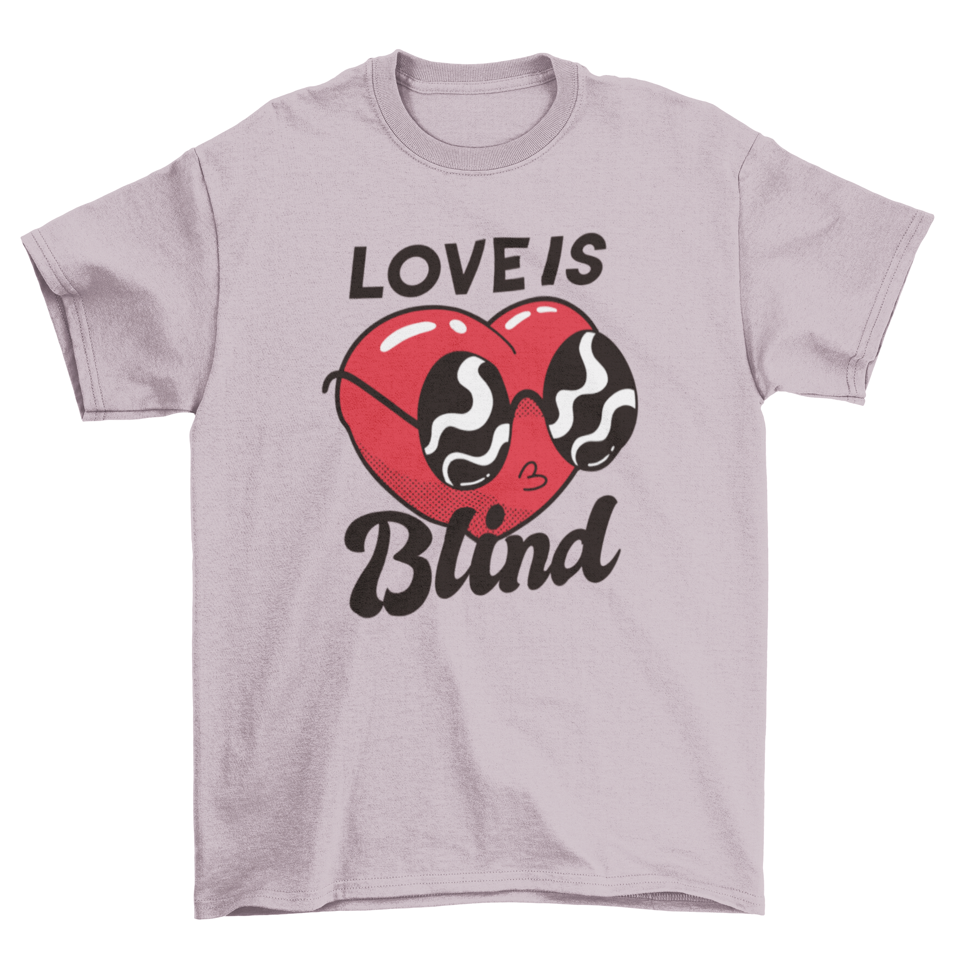 Blind Heart T-Shirt featuring a heart wearing glasses with the caption 'Love is blind', showcasing a playful and unique design.