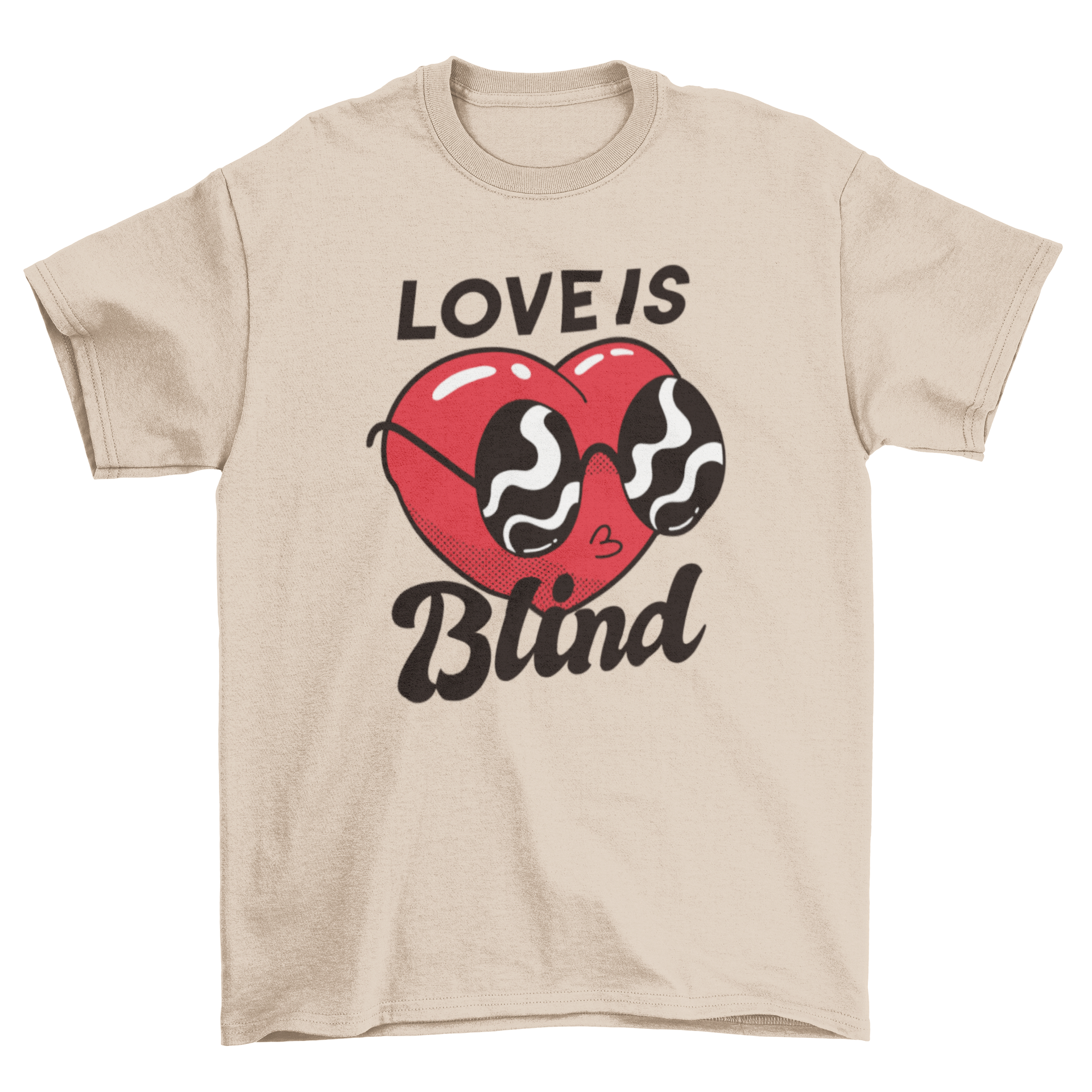 Blind Heart T-Shirt featuring a heart wearing glasses with the caption 'Love is blind', showcasing a playful and unique design.