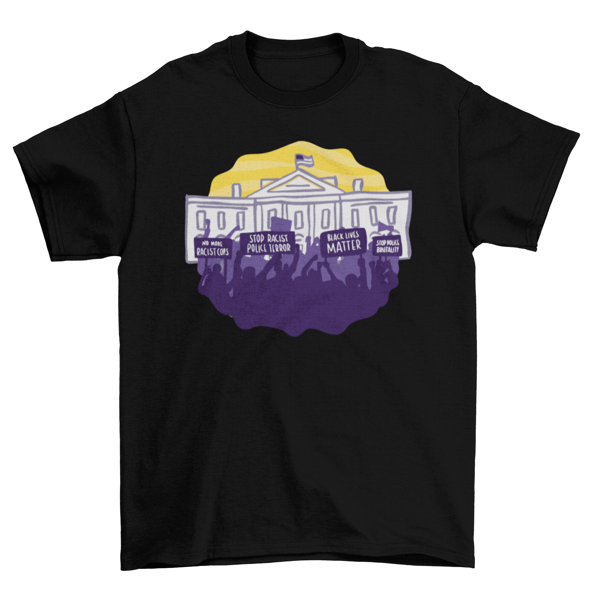 A stylish Blm protest t-shirt featuring an illustration of a Black Lives Matter protest in front of the White House.