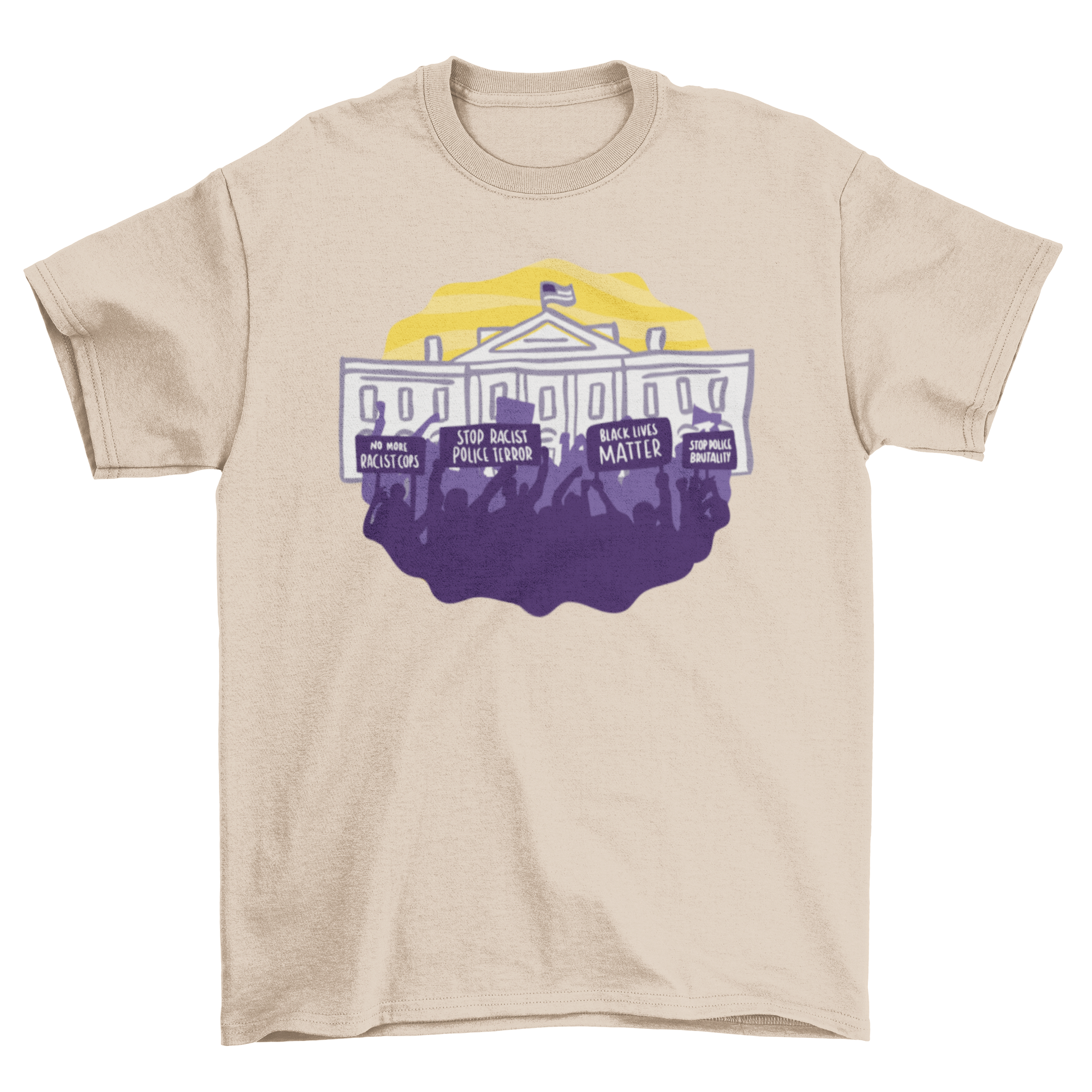 A stylish Blm protest t-shirt featuring an illustration of a Black Lives Matter protest in front of the White House.