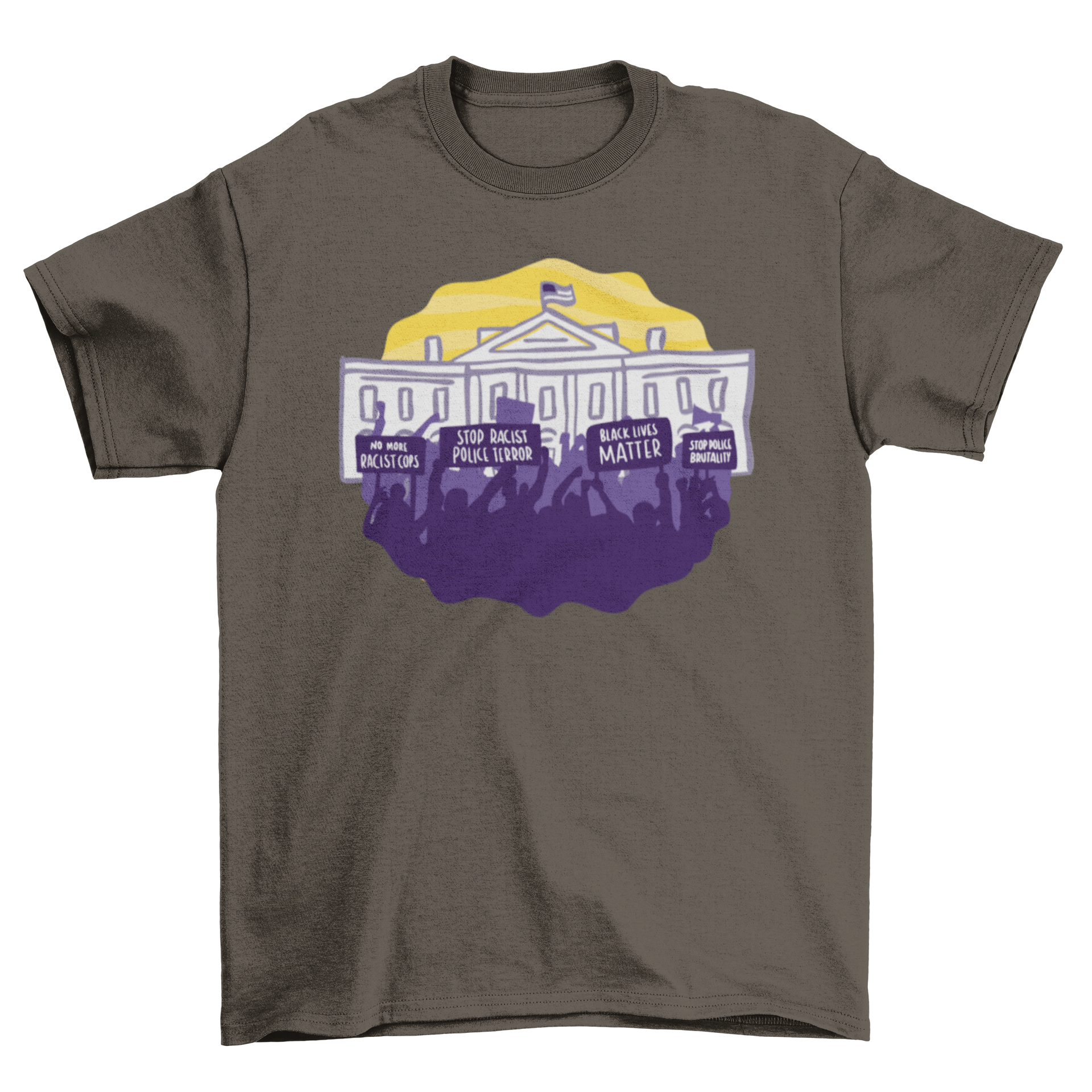 A stylish Blm protest t-shirt featuring an illustration of a Black Lives Matter protest in front of the White House.