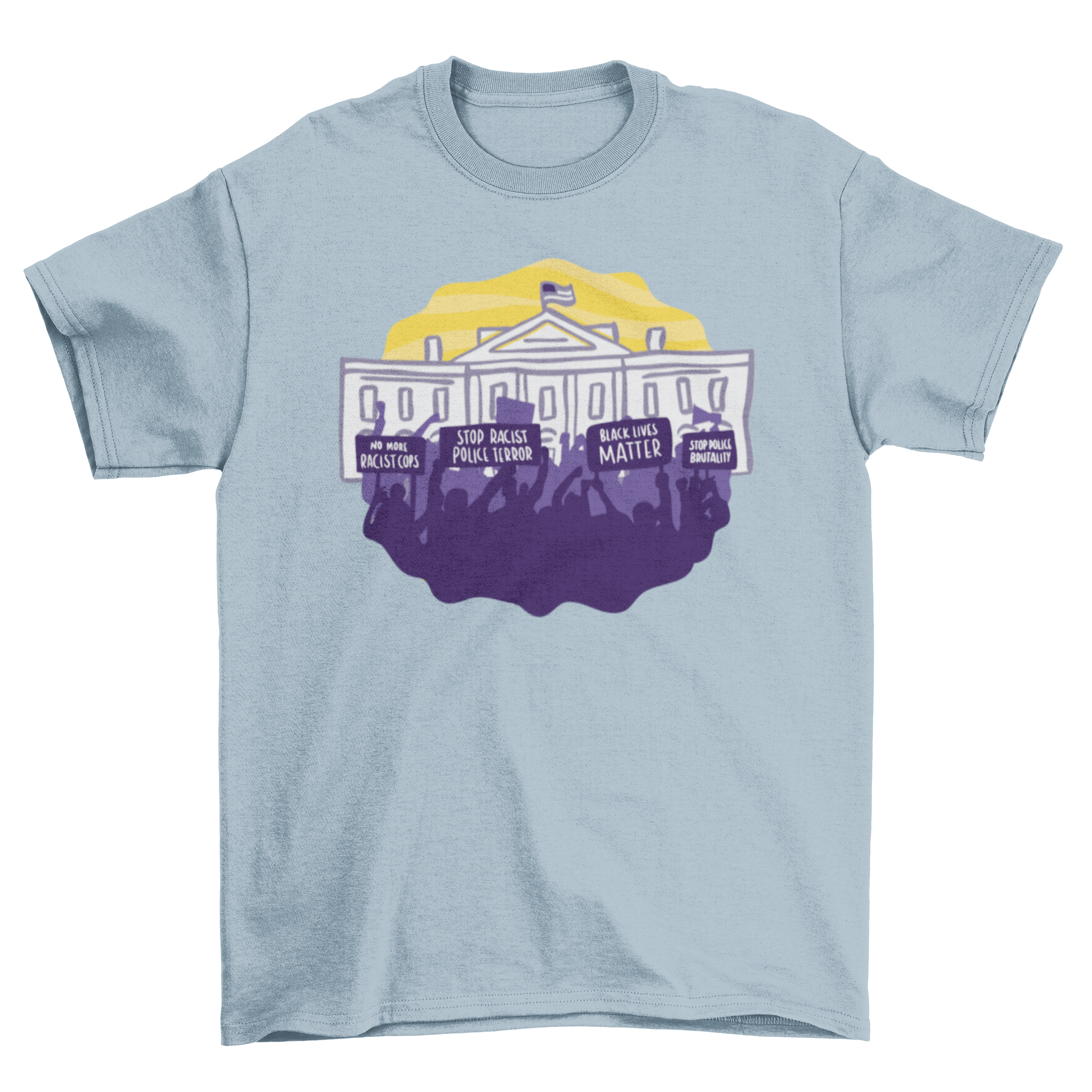 A stylish Blm protest t-shirt featuring an illustration of a Black Lives Matter protest in front of the White House.