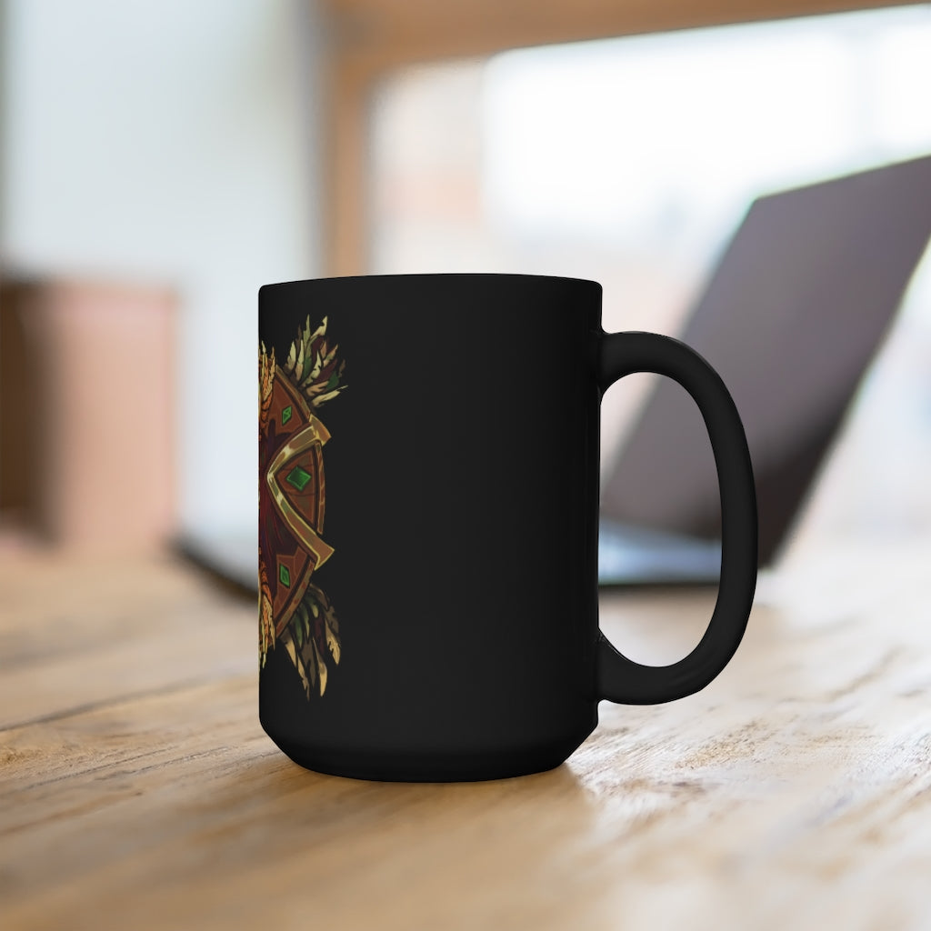 Blood Elf Magic Counter Shield Black Mug, 15oz ceramic mug with a sleek black design and vibrant sublimation print.