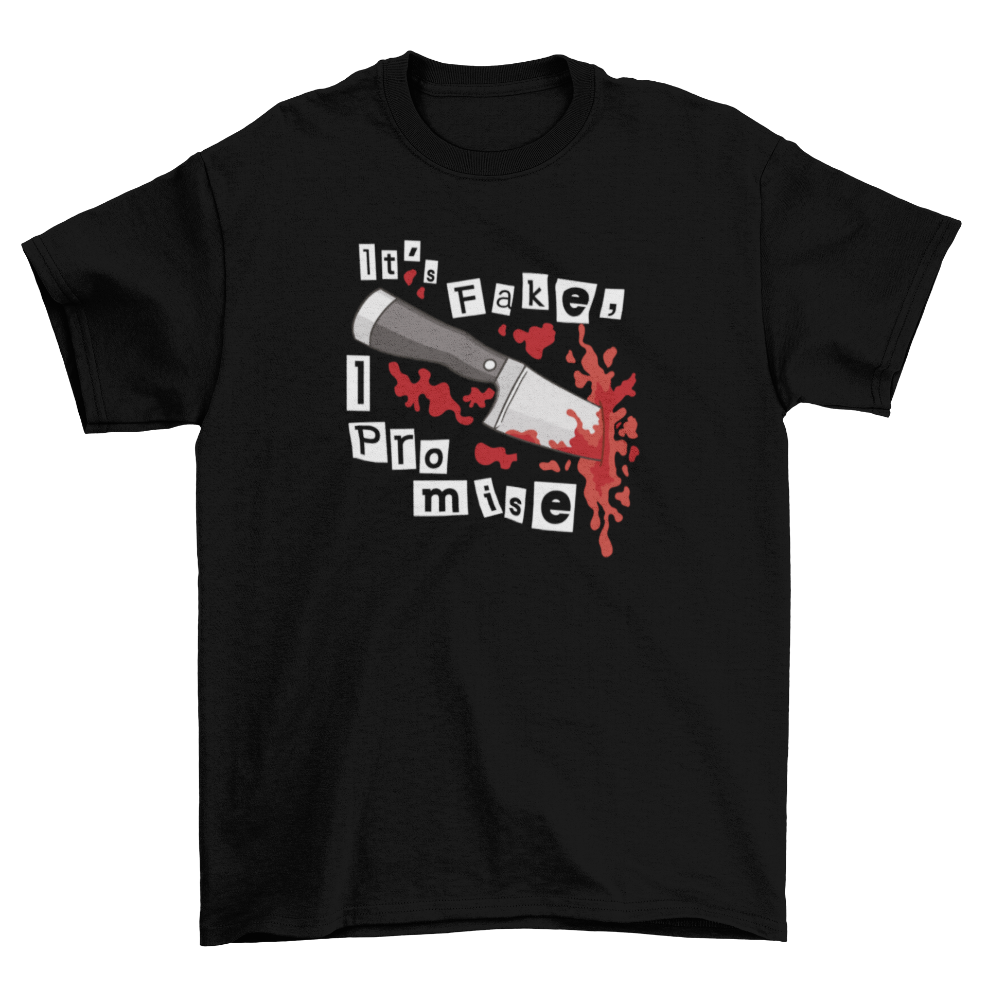 A stylish t-shirt featuring a bloody knife graphic and the quote 'It's a fake I promise' for a humorous touch.