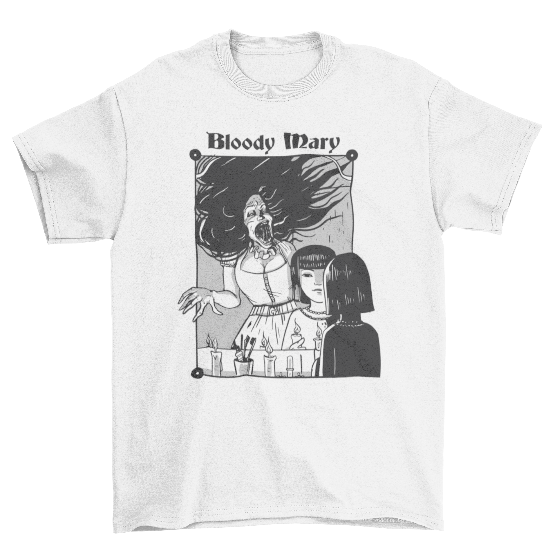 A creepy Bloody Mary t-shirt featuring an illustration of Bloody Mary appearing in a mirror, designed for horror fans.