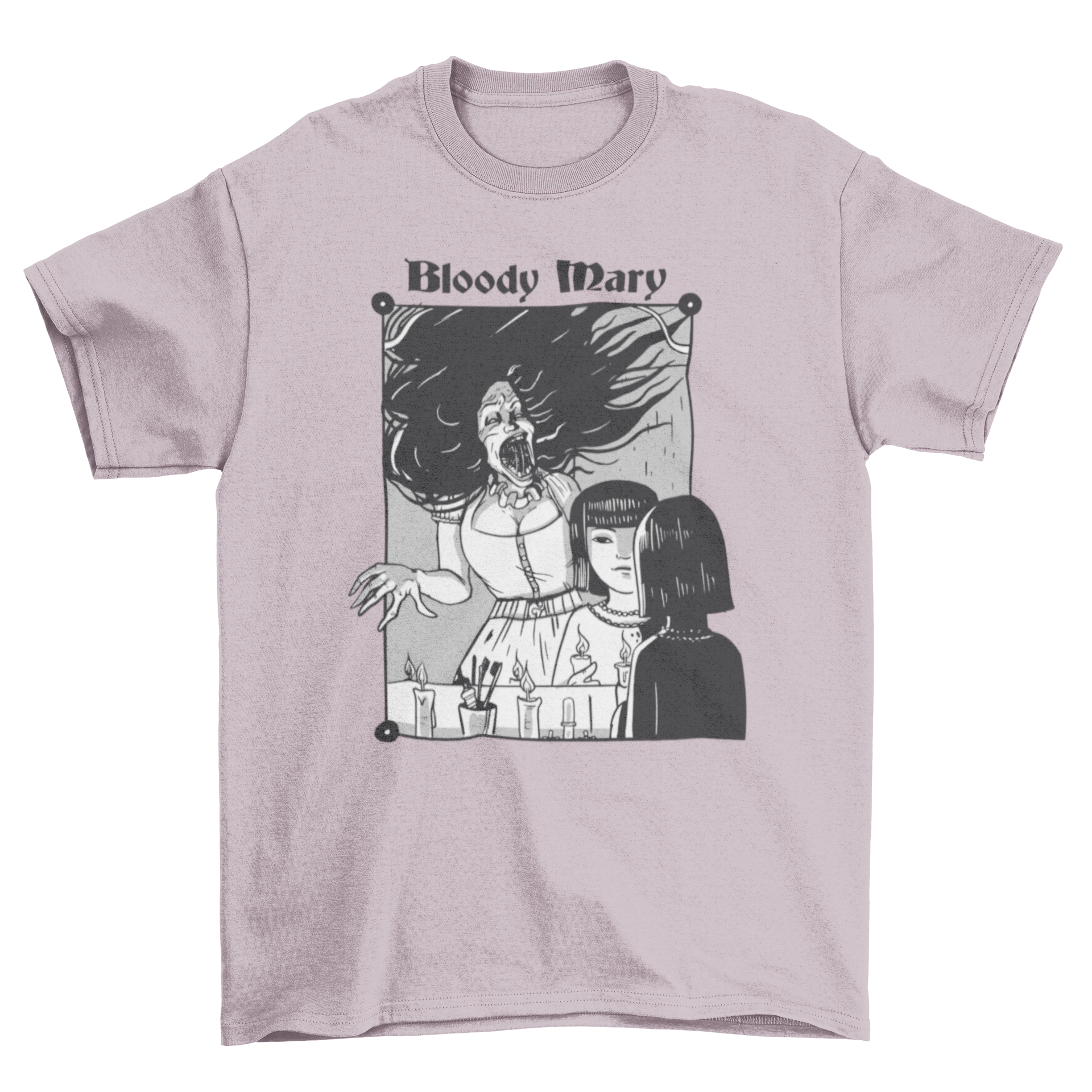 A creepy Bloody Mary t-shirt featuring an illustration of Bloody Mary appearing in a mirror, designed for horror fans.