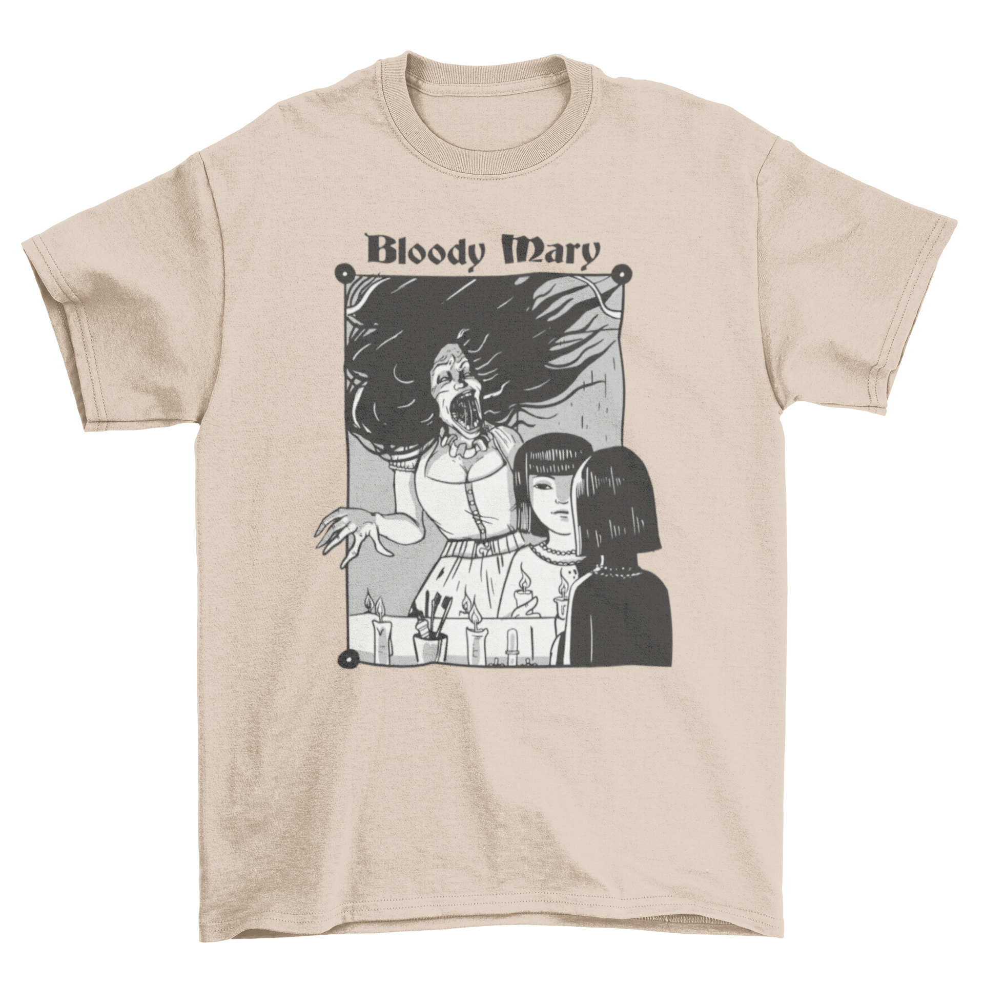 A creepy Bloody Mary t-shirt featuring an illustration of Bloody Mary appearing in a mirror, designed for horror fans.