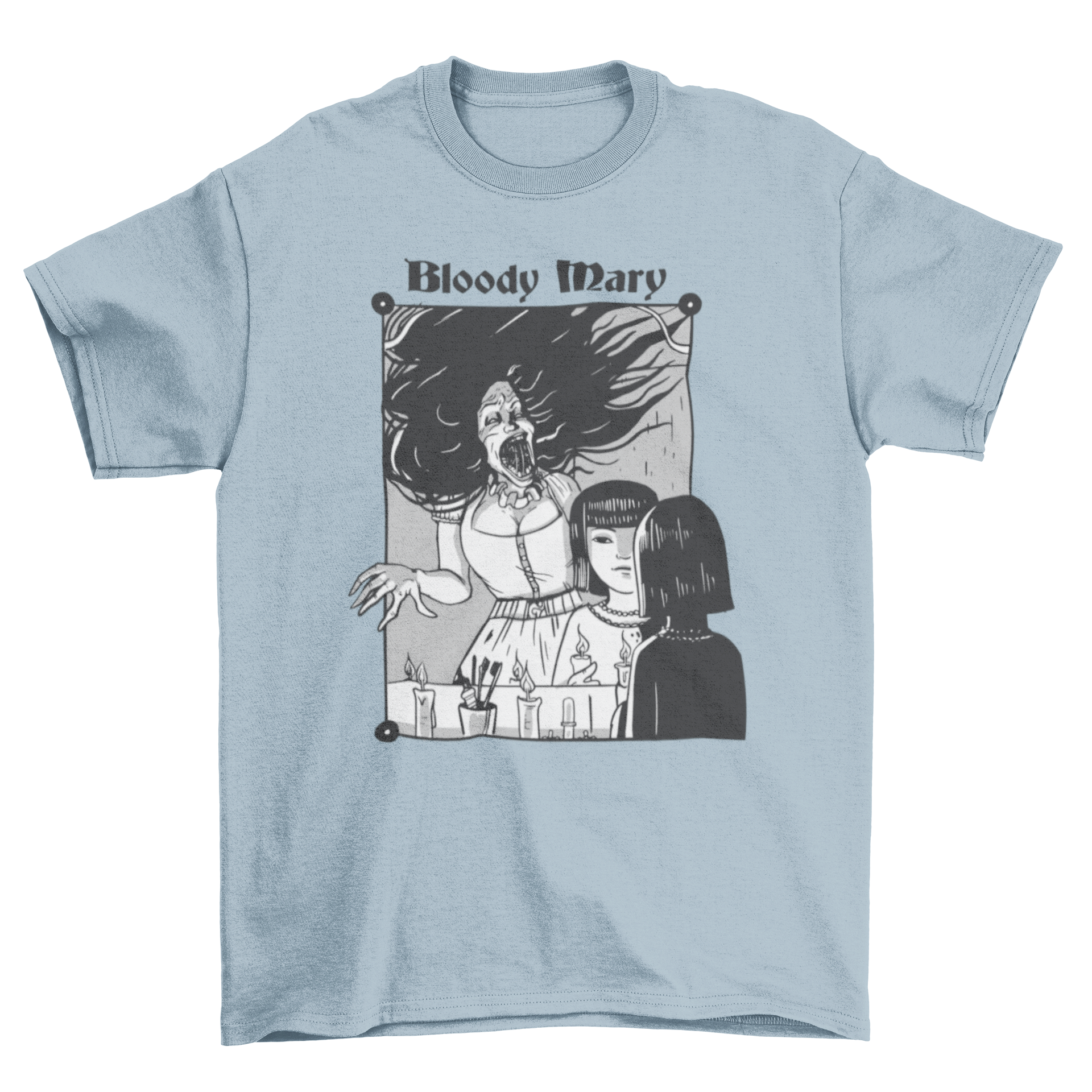 A creepy Bloody Mary t-shirt featuring an illustration of Bloody Mary appearing in a mirror, designed for horror fans.