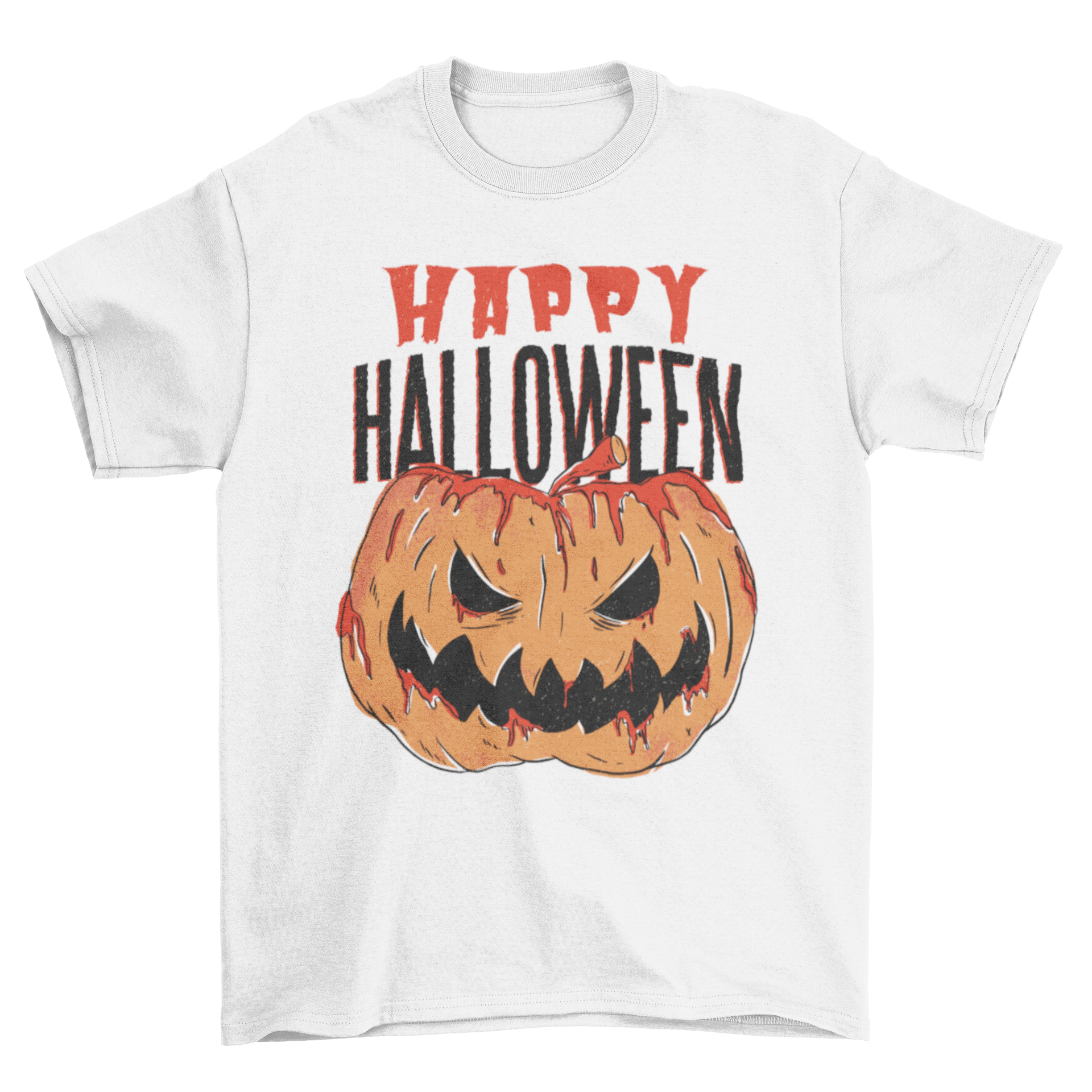 A spooky Bloody Pumpkin Halloween t-shirt featuring a bloody Jack o' lantern with a creepy expression and 'Happy Halloween' caption.