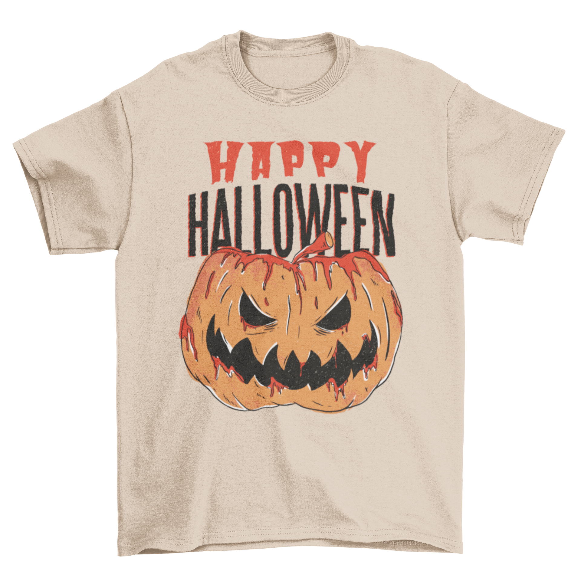 A spooky Bloody Pumpkin Halloween t-shirt featuring a bloody Jack o' lantern with a creepy expression and 'Happy Halloween' caption.