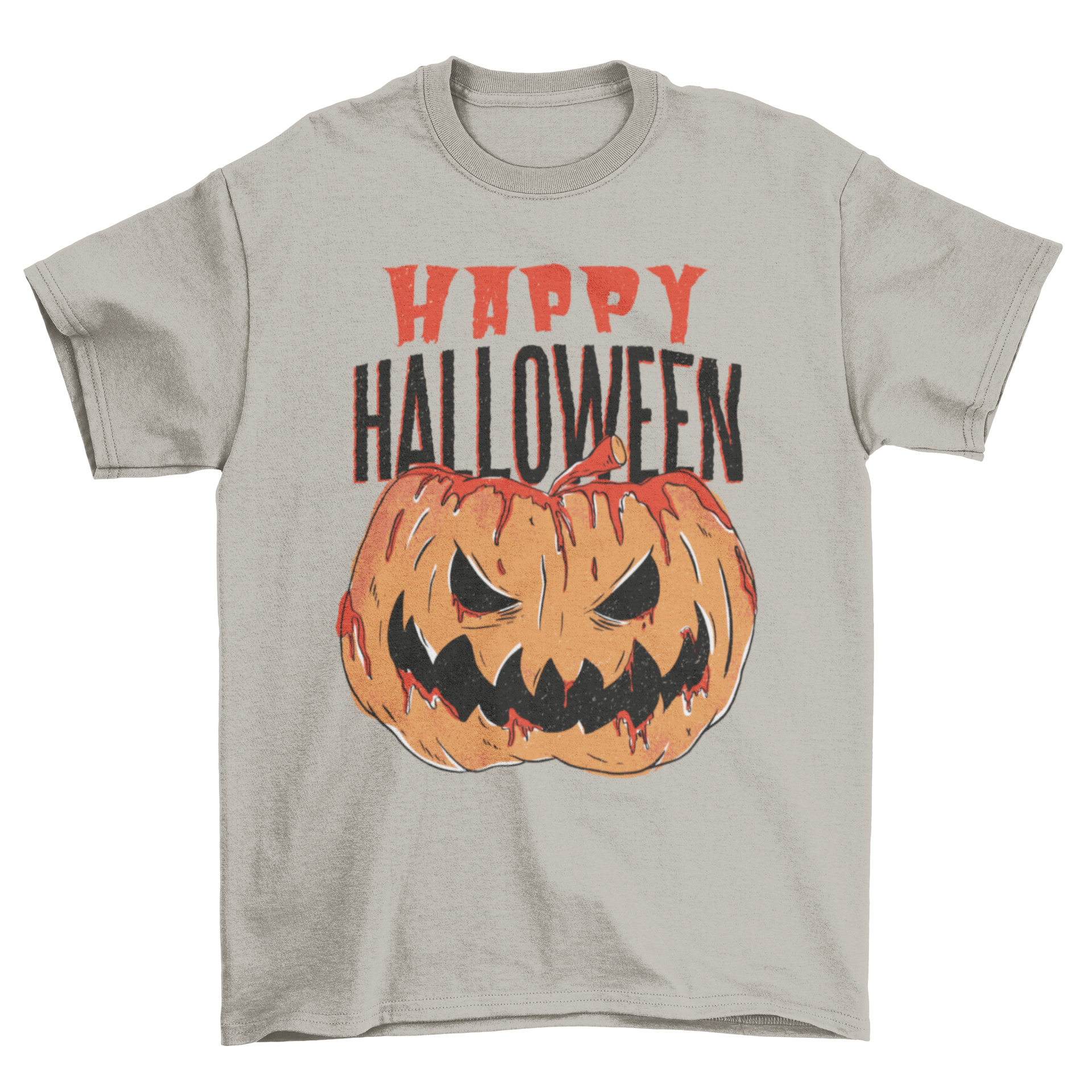 A spooky Bloody Pumpkin Halloween t-shirt featuring a bloody Jack o' lantern with a creepy expression and 'Happy Halloween' caption.