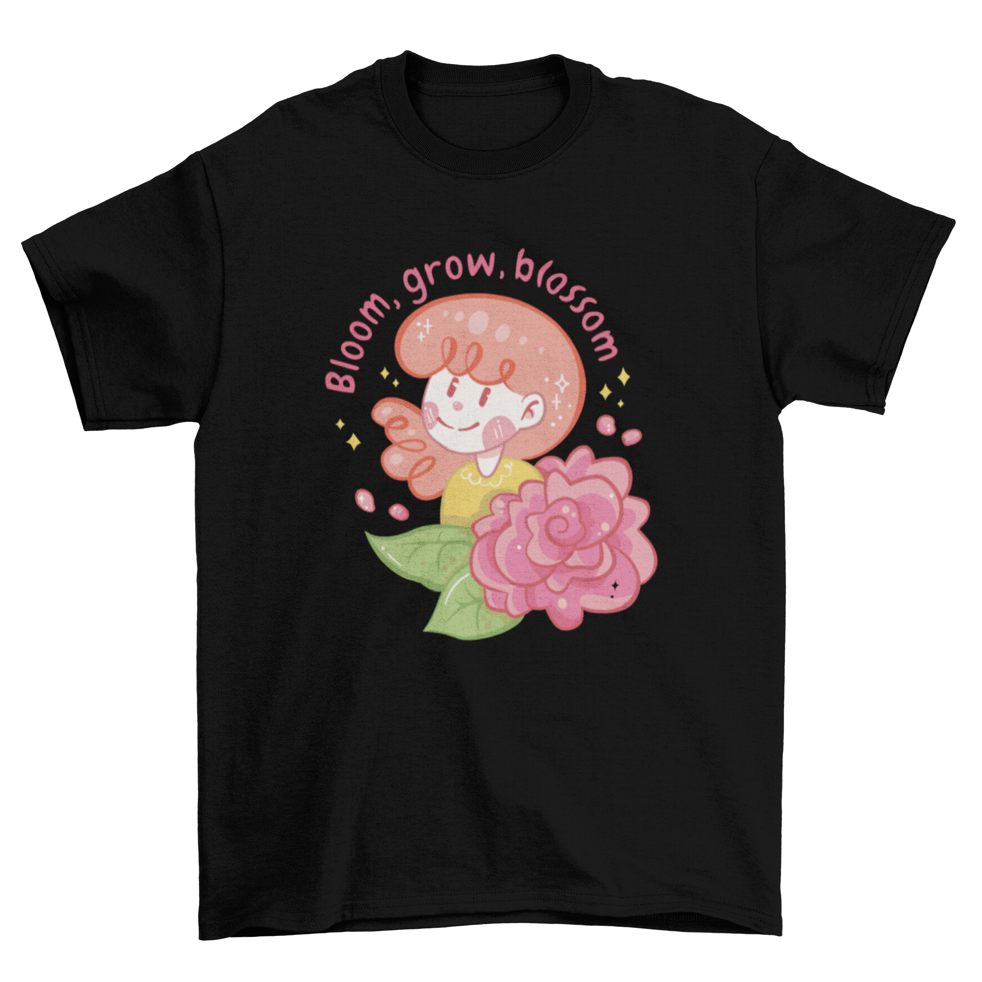 A cute t-shirt design featuring a girl holding a flower with the quote 'Bloom, grow, blossom'.