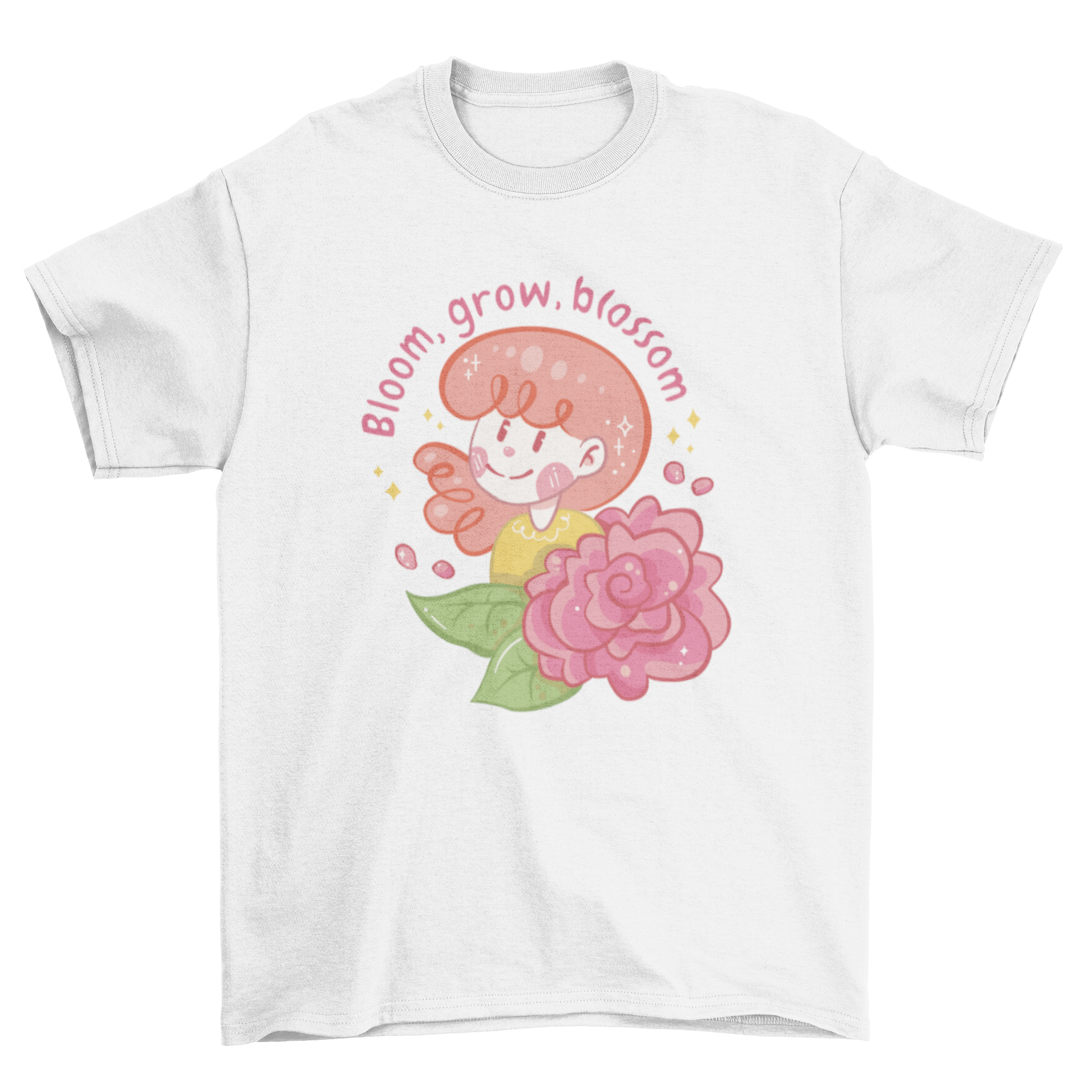 A cute t-shirt design featuring a girl holding a flower with the quote 'Bloom, grow, blossom'.