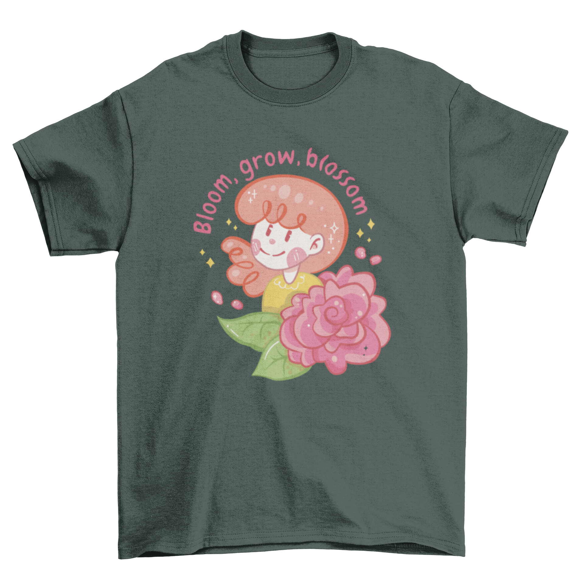 A cute t-shirt design featuring a girl holding a flower with the quote 'Bloom, grow, blossom'.