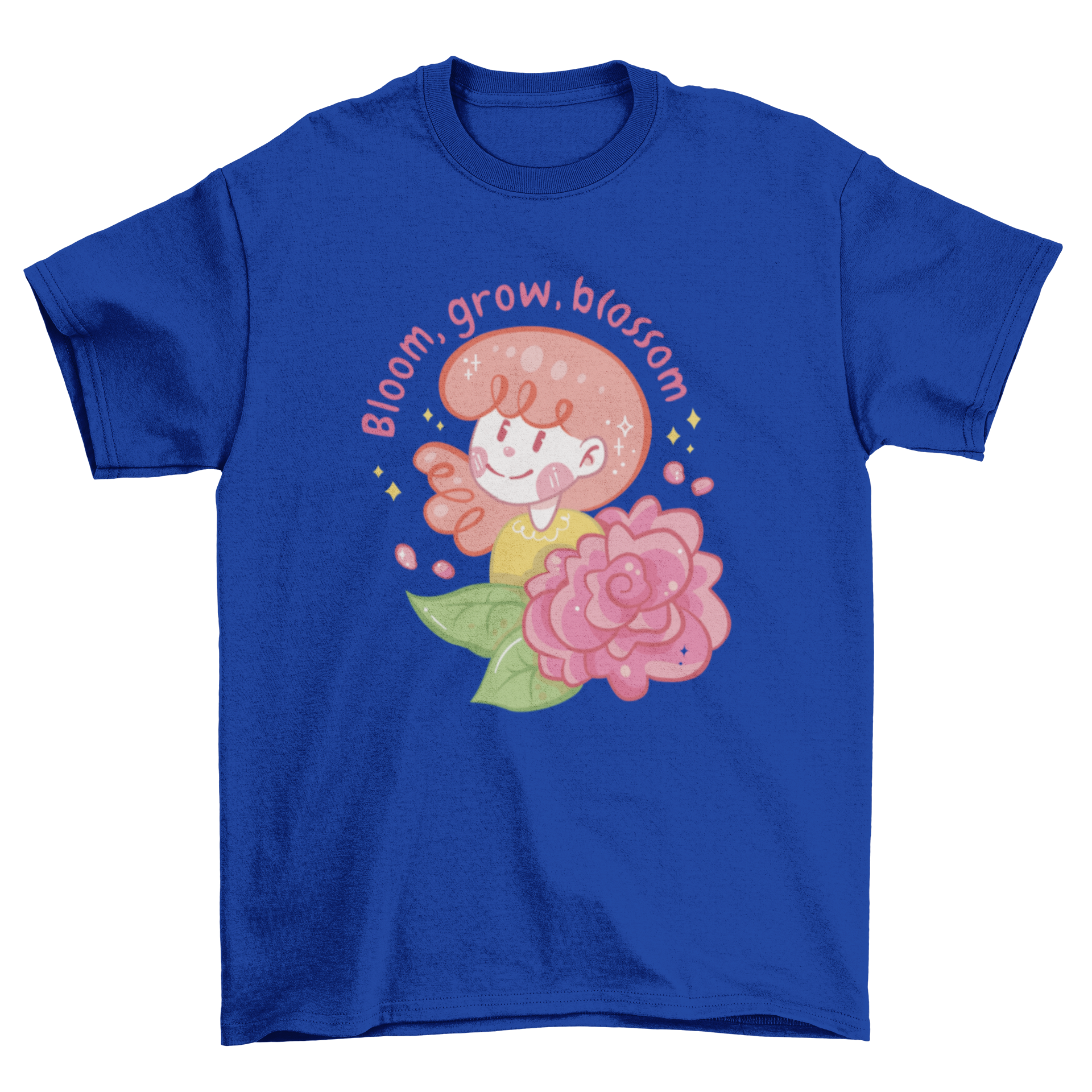 A cute t-shirt design featuring a girl holding a flower with the quote 'Bloom, grow, blossom'.