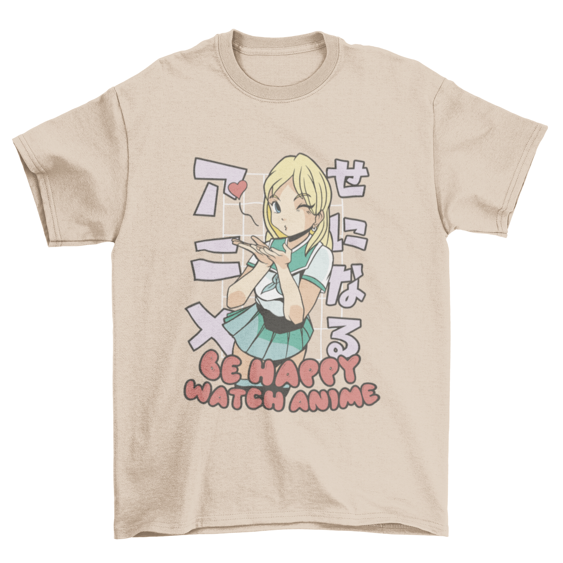 A cute t-shirt featuring a blonde anime girl winking and blowing a kiss, perfect for anime fans.