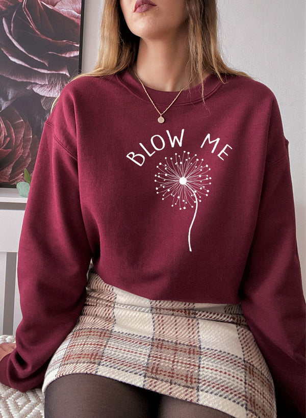 Blow Me Sweat Shirt featuring unique artistic designs, made from soft cotton/poly fleece blend, perfect for casual wear.