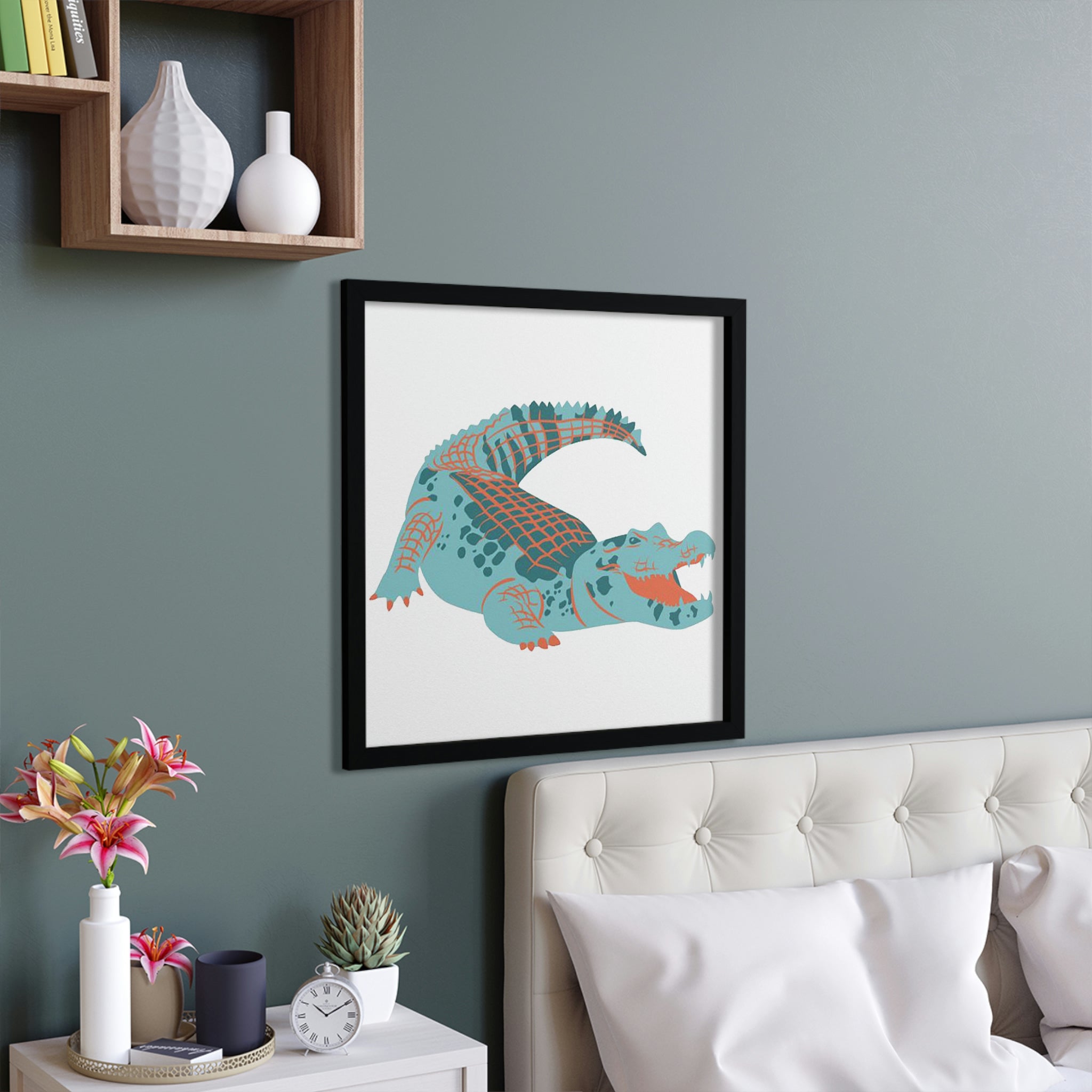 A vibrant Blue Alligator Framed Poster showcasing a unique design in a hand-crafted wooden frame, perfect for home decor.