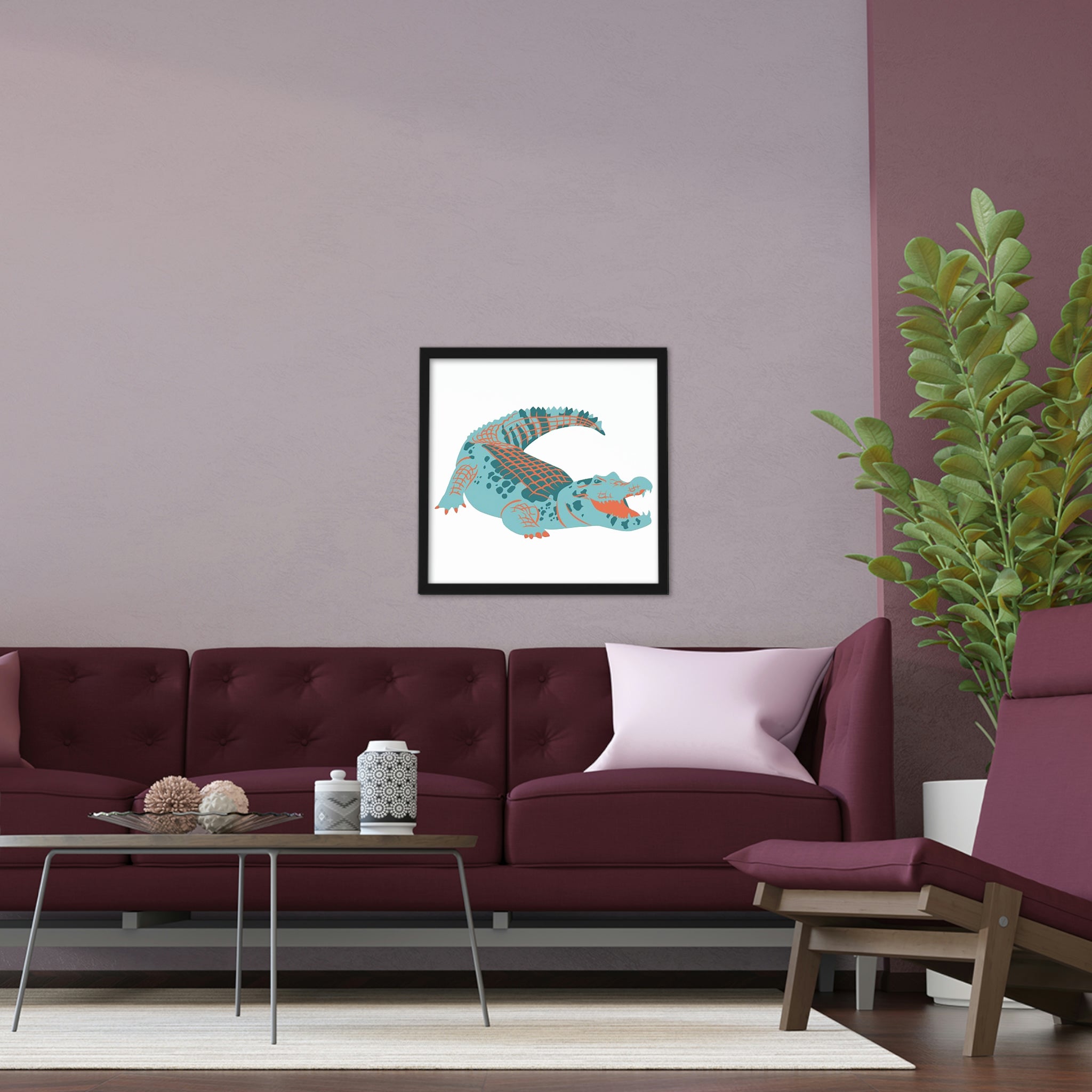 A vibrant Blue Alligator Framed Poster showcasing a unique design in a hand-crafted wooden frame, perfect for home decor.