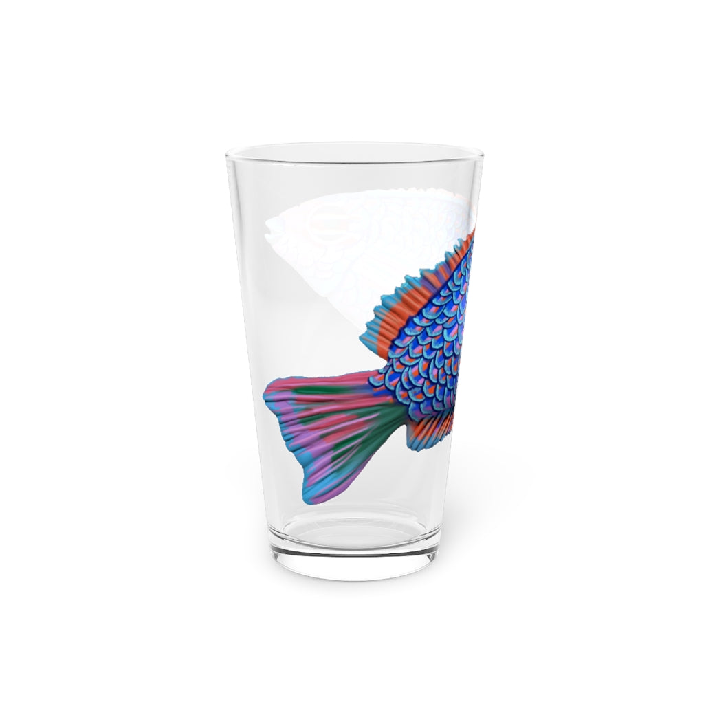 A clear 16oz pint glass featuring a vibrant blue and purple fish design, perfect for enjoying beverages.