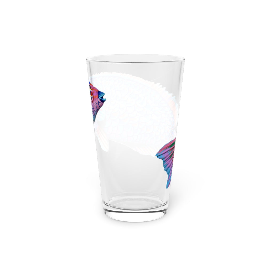 A clear 16oz pint glass featuring a vibrant blue and purple fish design, perfect for enjoying beverages.