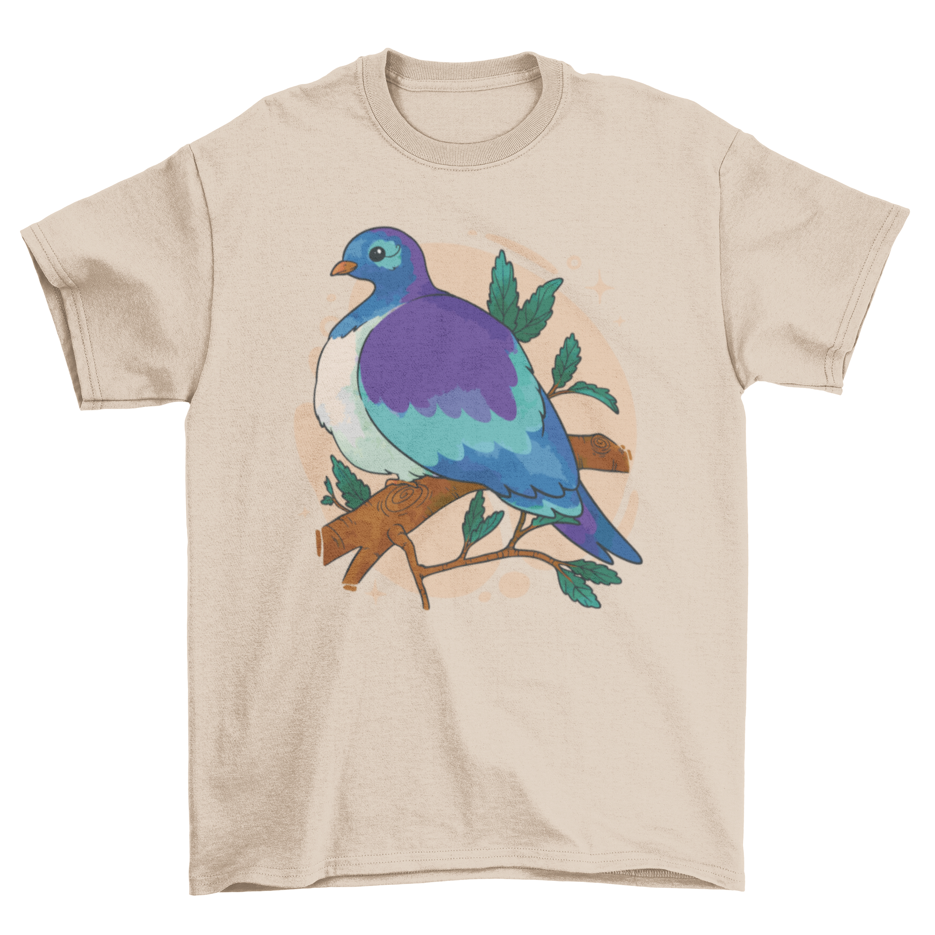 A stylish blue t-shirt featuring a blue bird perched on a tree branch, showcasing vibrant colors and intricate design.