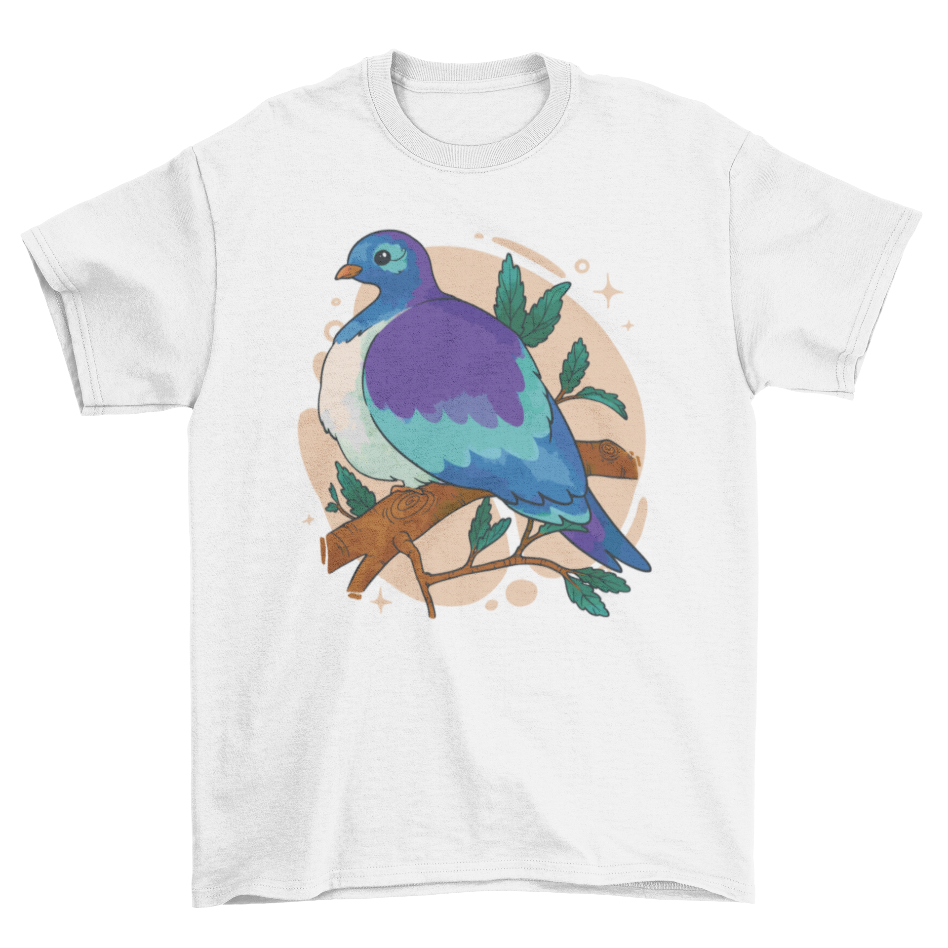 A stylish blue t-shirt featuring a blue bird perched on a tree branch, showcasing vibrant colors and intricate design.