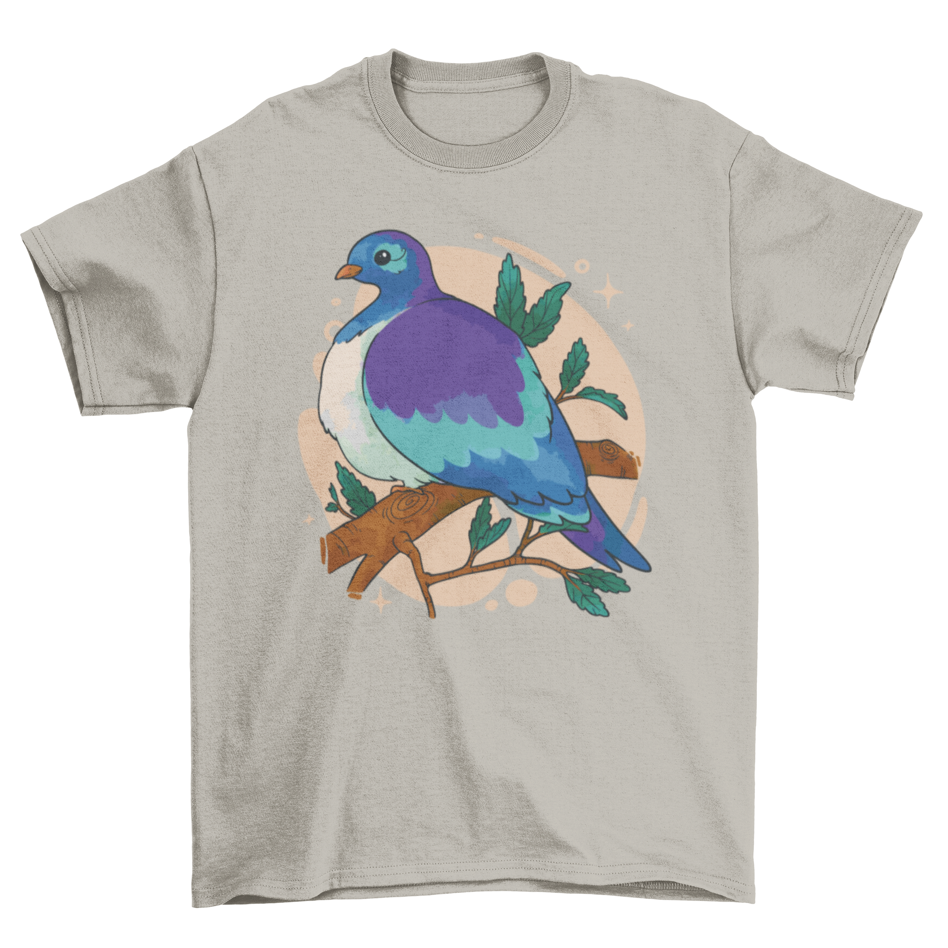 A stylish blue t-shirt featuring a blue bird perched on a tree branch, showcasing vibrant colors and intricate design.