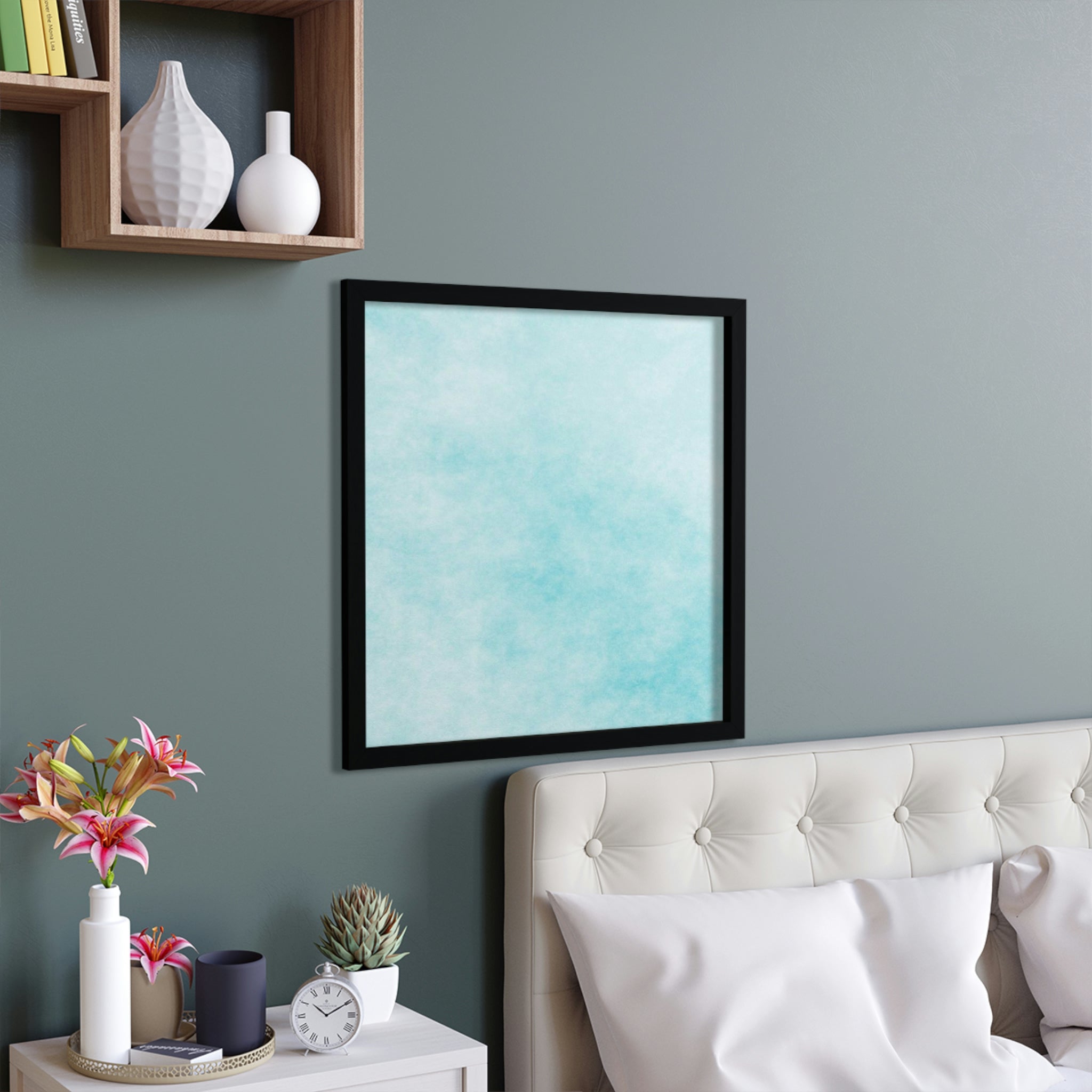 A beautifully framed Blue Cloud poster with a hand-crafted wooden frame, showcasing vibrant colors and artistic design.